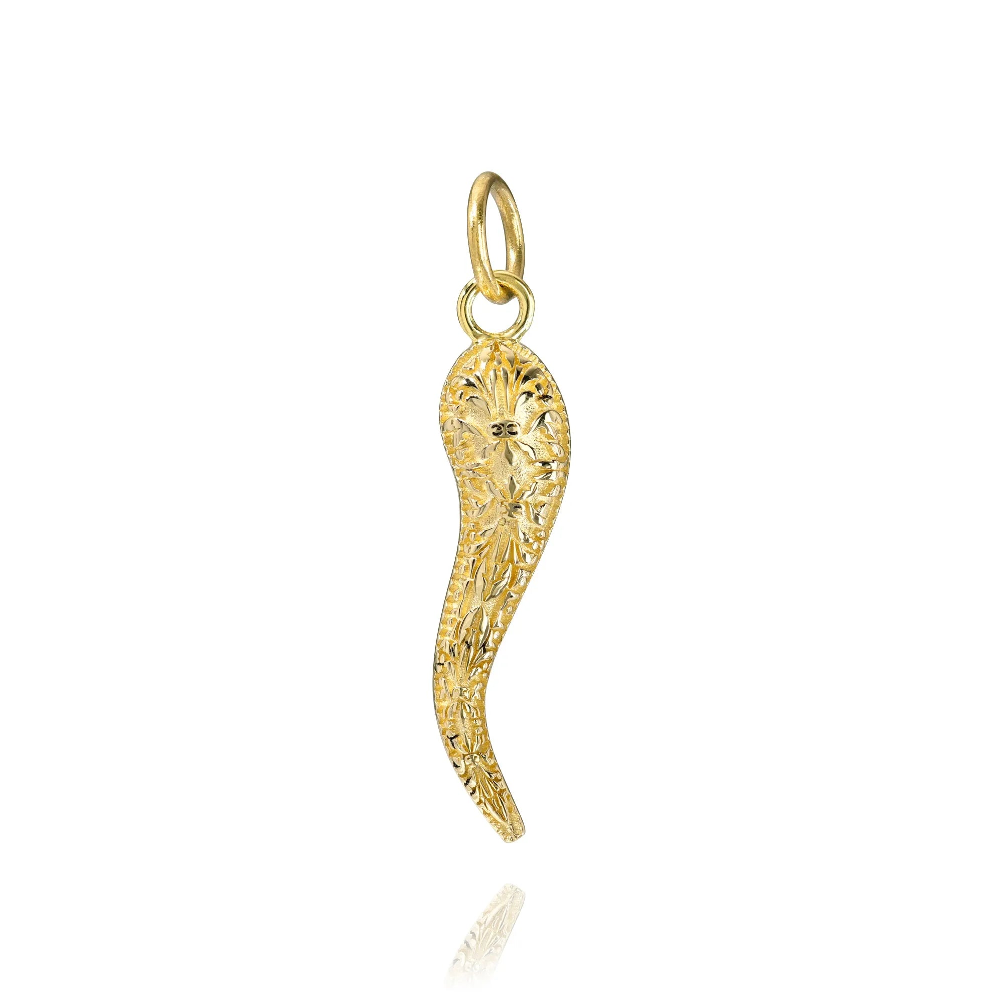 14k Solid Gold & Fleur De Lys Engraved Italian Horn-Charms & Pendants-Mama Bijoux