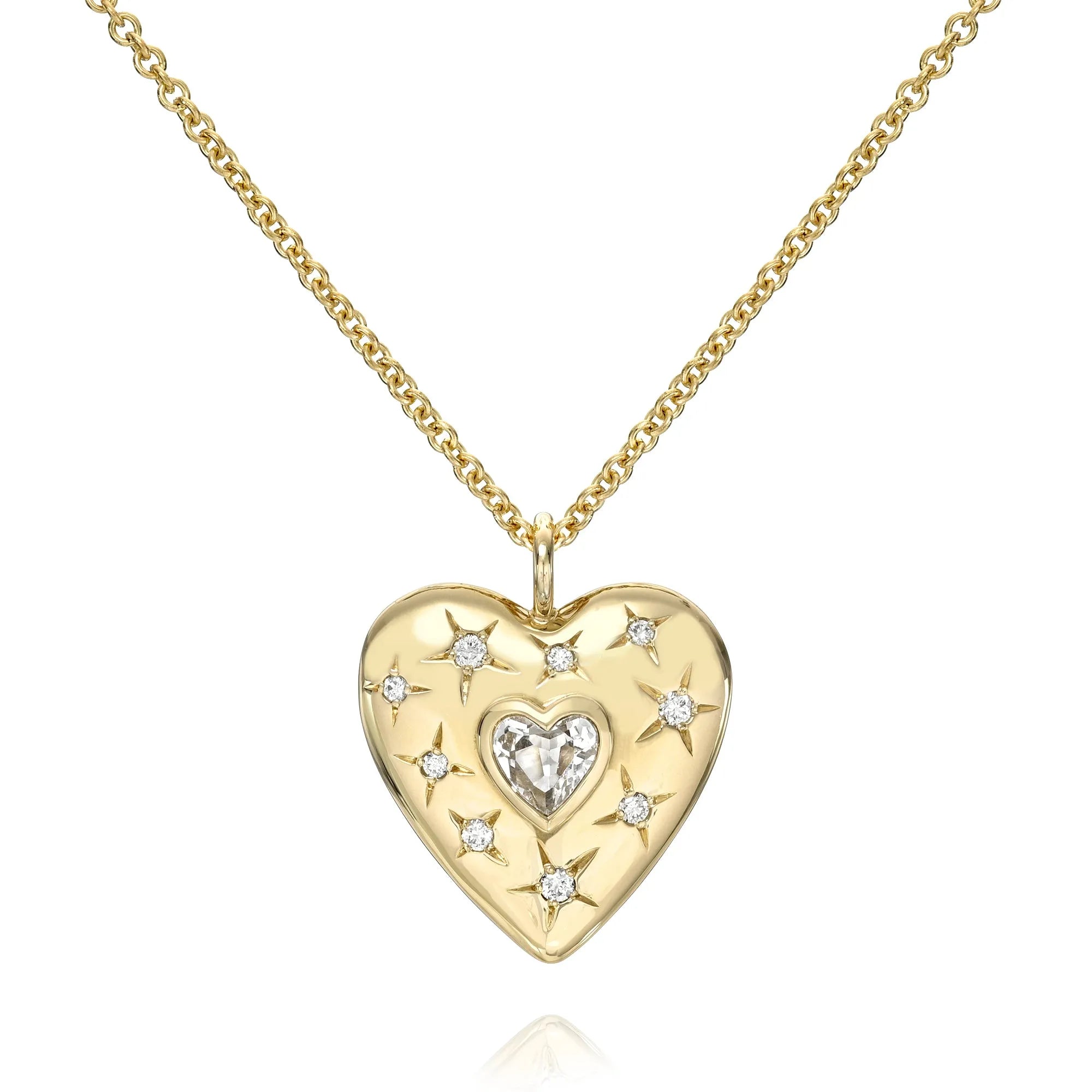 Puffy Star Diamond & White Topaz Heart Necklace-Necklaces-Mama Bijoux