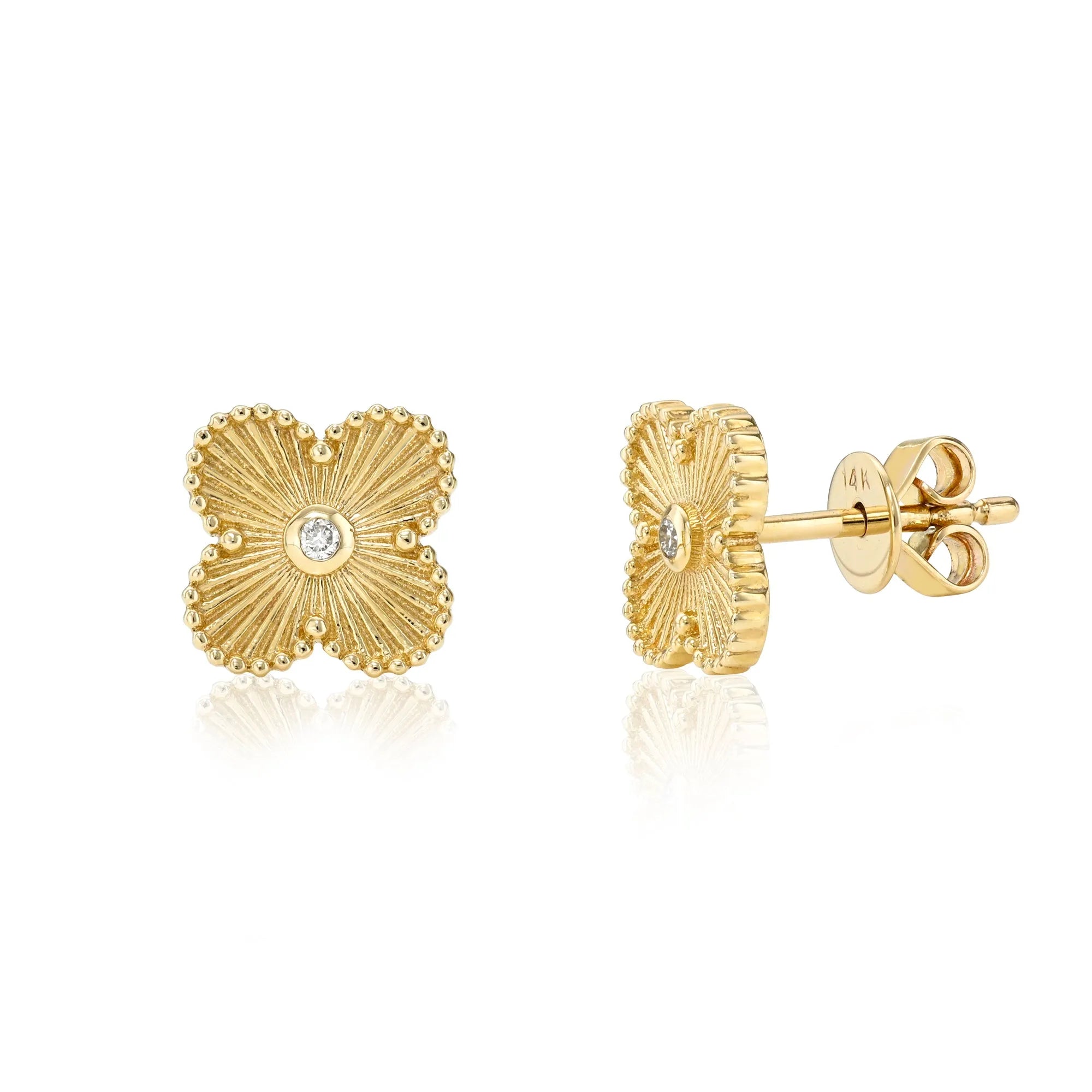 Fluted 14k Gold & Diamond Clover Studs-Earrings-Mama Bijoux