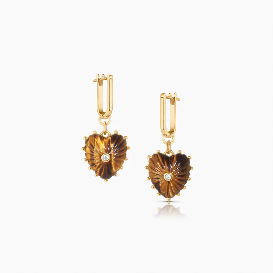 Isabel tiger's eye heart charm earrings — hand-carved cocoa stone hearts with pavé center on gold hoops