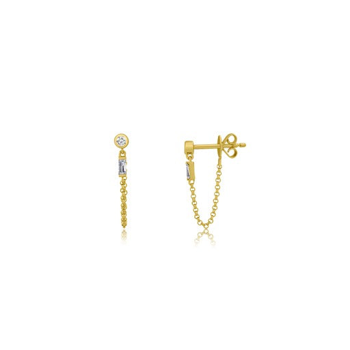 Itty Bitty Bezel Round Diamond & Baguette Chain Studs (Sold as Singles)-Earrings-Mama Bijoux-[14kgold]-[diamonds]-[heirloom_quality]-MamaBijoux