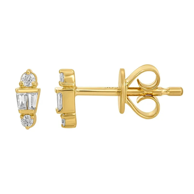 Gold earrings with diamond accents on a white background