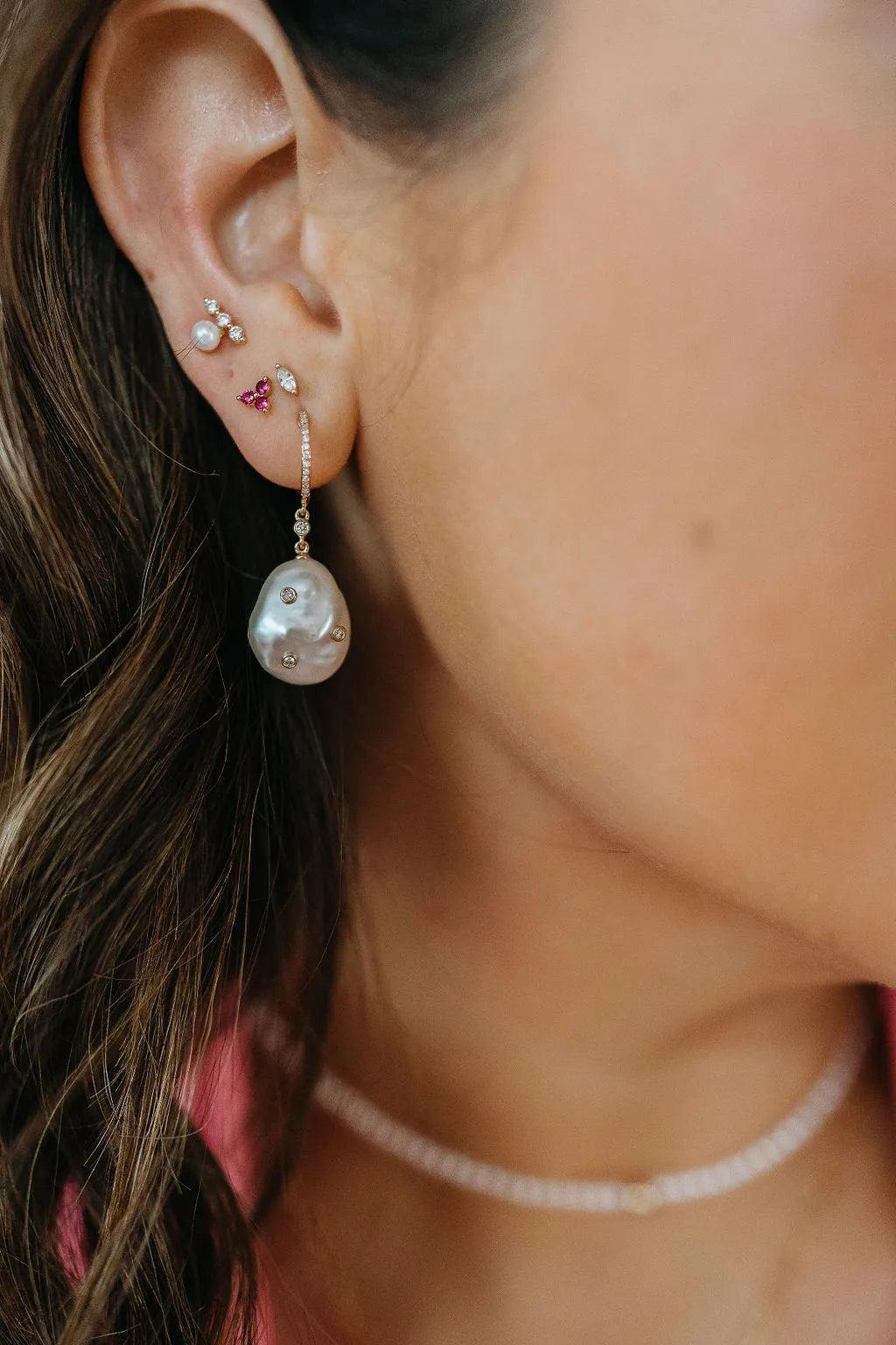 Le Pearl Diamond Inlay Huggies-Earrings-Mama Bijoux-[14kgold]-[diamonds]-[heirloom_quality]-MamaBijoux