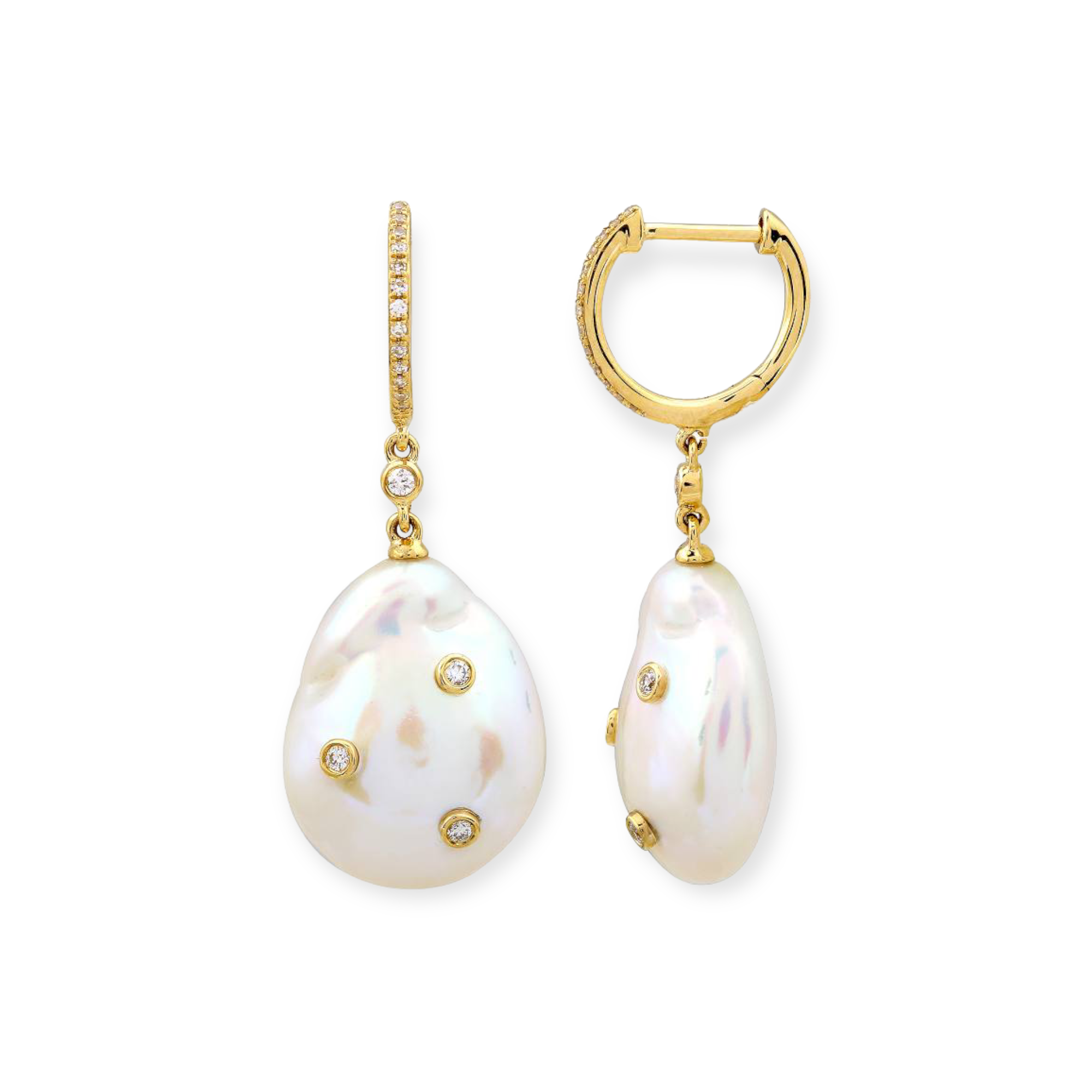 Le Pearl Diamond Inlay Huggies-Earrings-Mama Bijoux-[14kgold]-[diamonds]-[heirloom_quality]-MamaBijoux