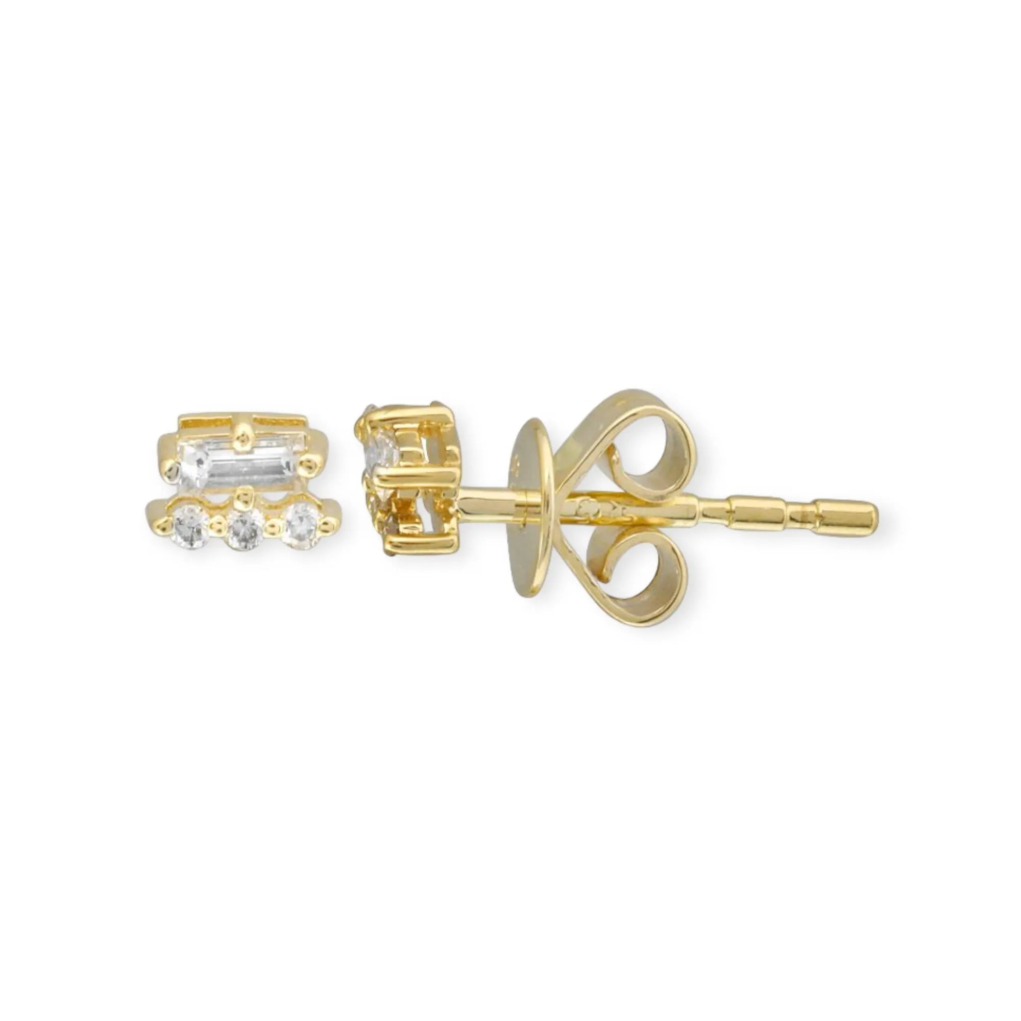 Les Trois Diamond & Baguette Stud Earrings-Earrings-Mama Bijoux-[14kgold]-[diamonds]-[heirloom_quality]-MamaBijoux