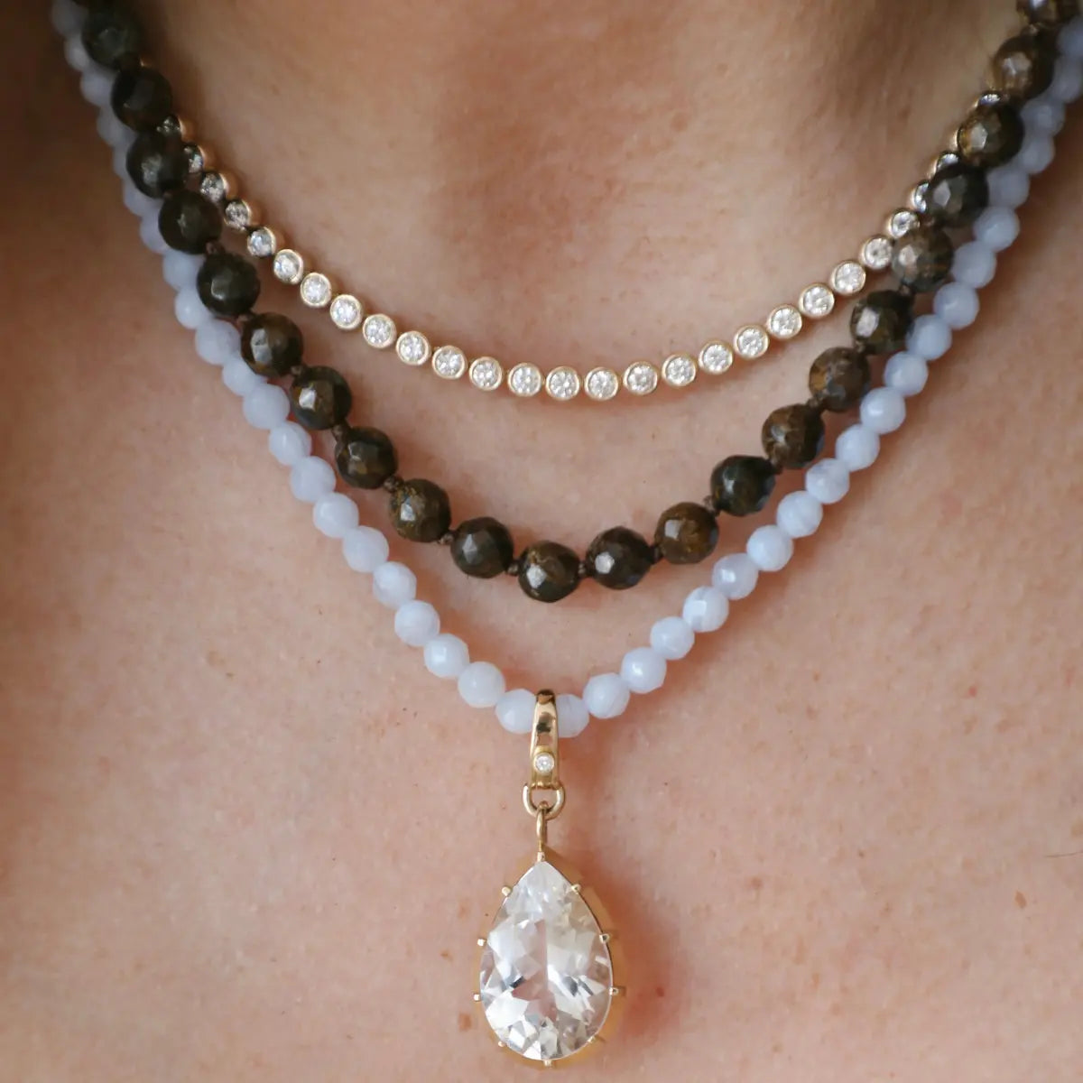 Lilac Agate Beaded Necklace Mama Bijoux Fine Jewelry 14k yellow gold 