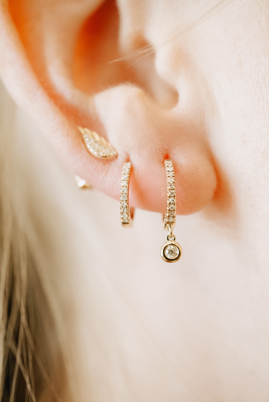 Mini Bezel Set Diamond Drop Continuous Huggies-Earrings-Mama Bijoux-[14kgold]-[diamonds]-[heirloom_quality]-MamaBijoux