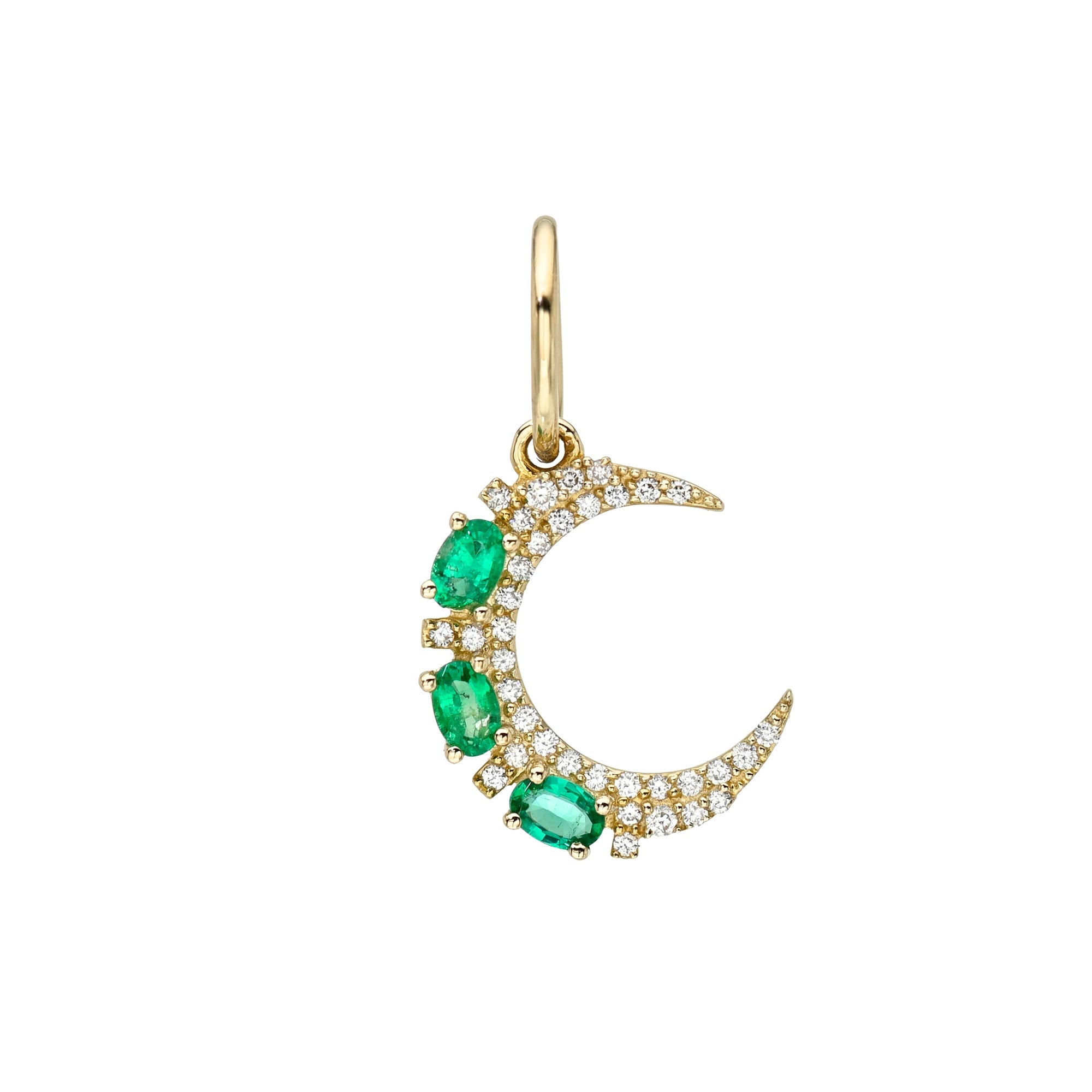 Mini Emerald & Diamond Pavé Moon Charm Mama Bijoux Fine Jewelry 14k yellow gold natural diamonds and emeralds 