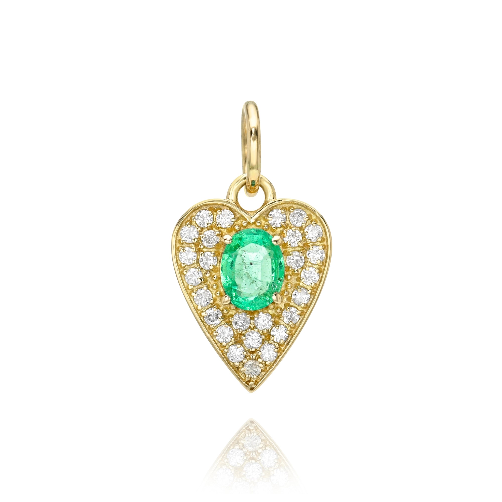Mini Oval Emerald & Diamond Pavé Heart Charm Mama Bijoux Fine Jewelry 14k yellow gold natural white diamonds and emerald