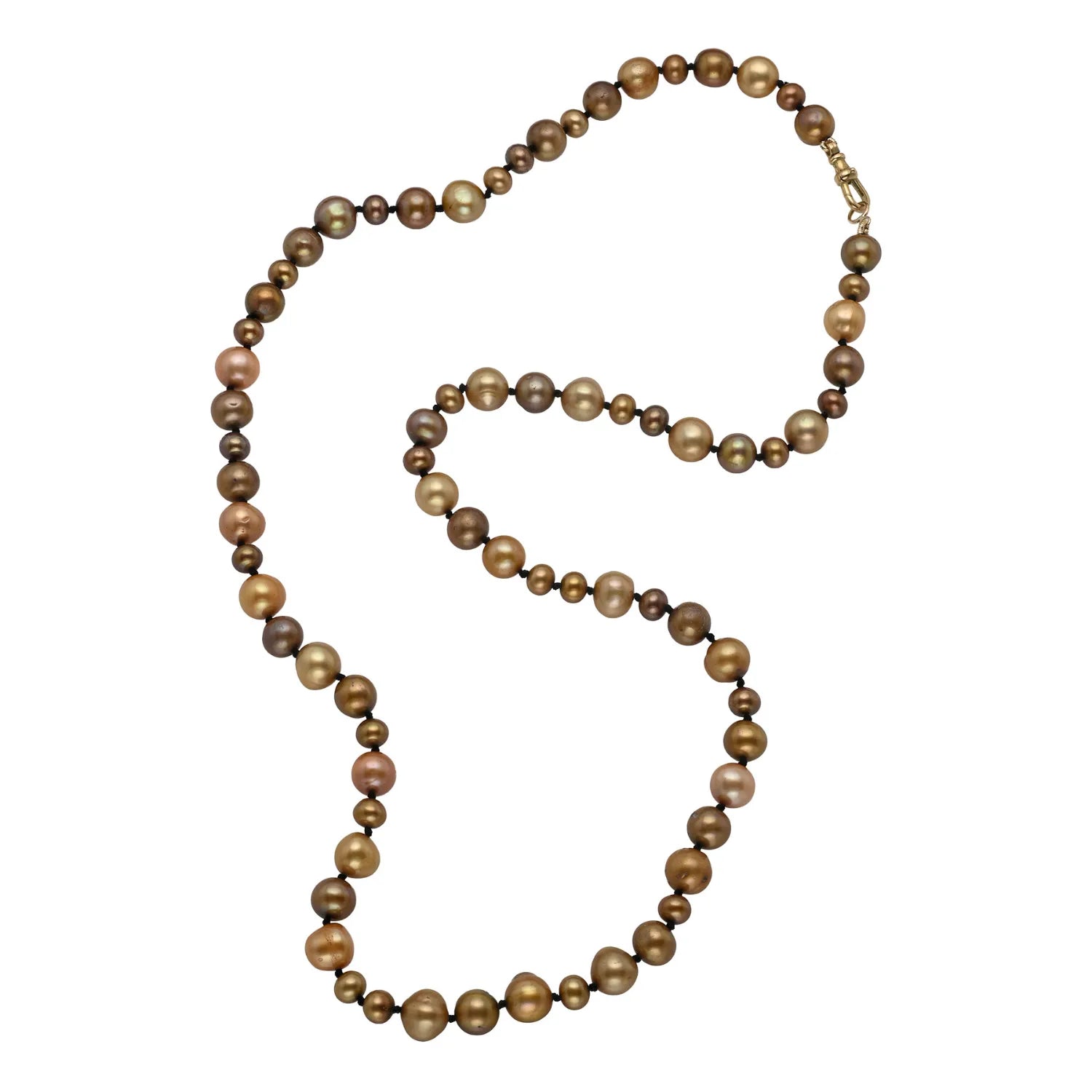 Pearl necklace with brown and beige beads on a white background