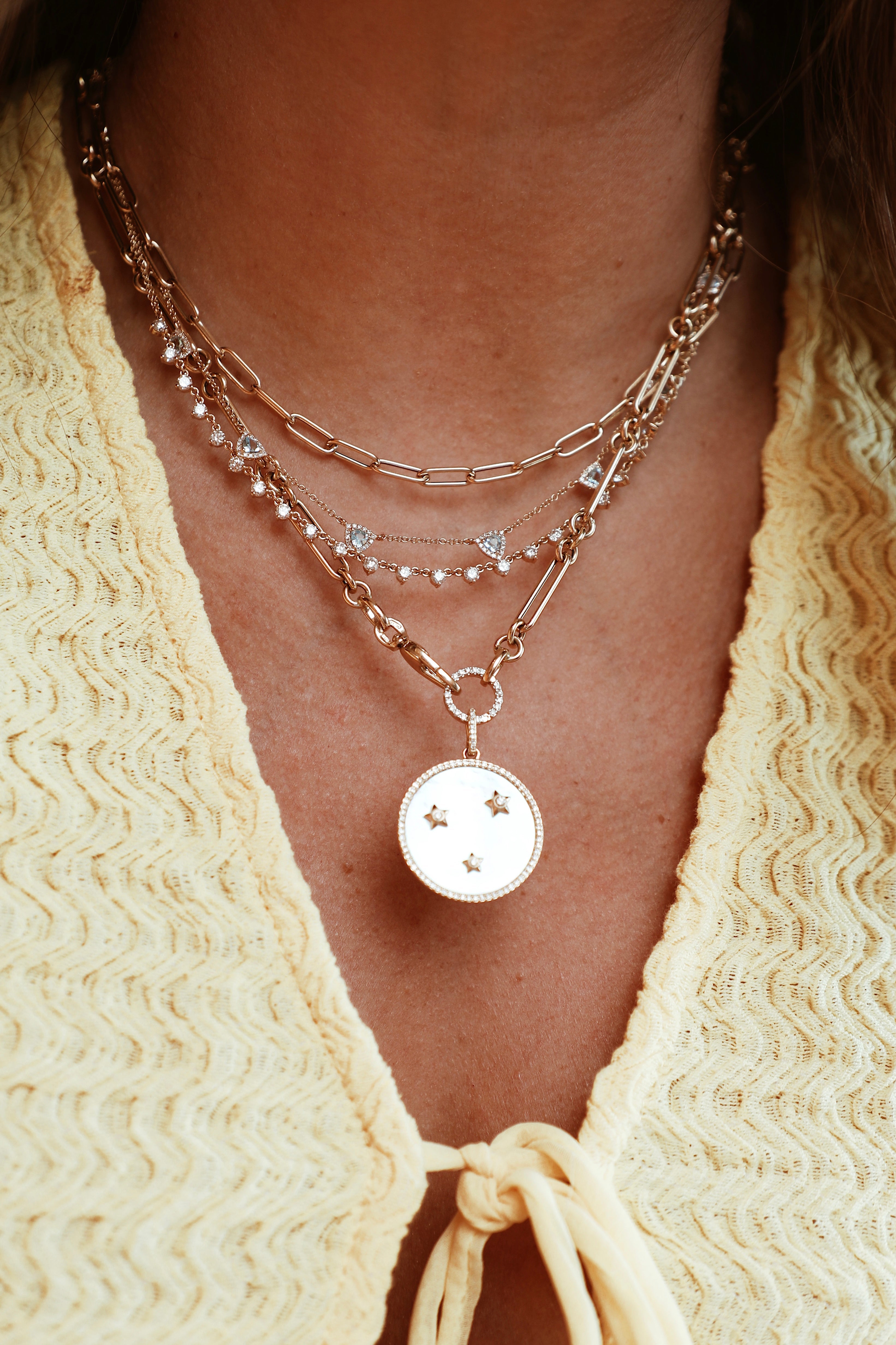 Mother of Pearl Star Trio Medallion Charm-Charms & Pendants-Mama Bijoux-[14kgold]-[diamonds]-[heirloom_quality]-MamaBijoux