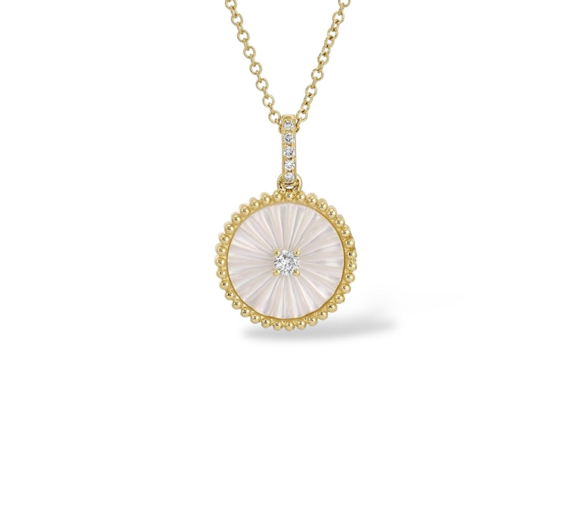 Necklace with Mother of Pearl Pendant and Diamond in the center Mama Bijoux Fine Jewelry 14k Yellow Gold 