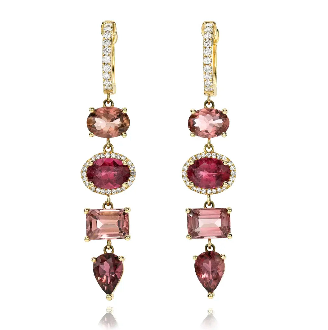 One of a Kind Pink Tourmaline & Diamond Multi Shape Statement Earrings 14k yellow gold Mama Bijoux fine jewelry 
