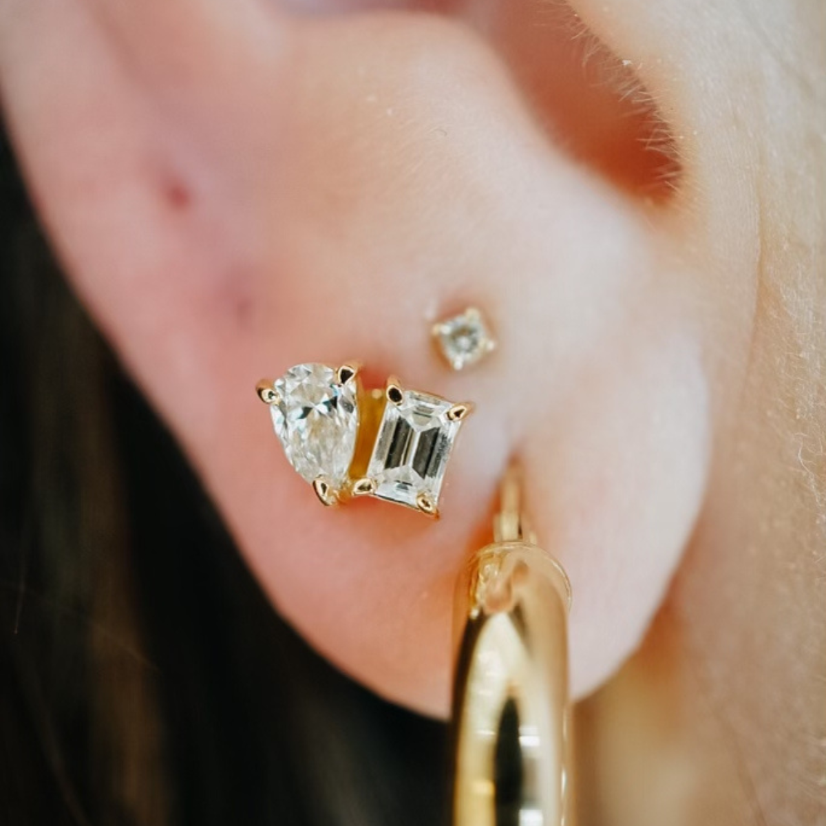 Pear & Emerald Cut Diamond Stud Earrings-Earrings-Mama Bijoux-[14kgold]-[diamonds]-[heirloom_quality]-MamaBijoux