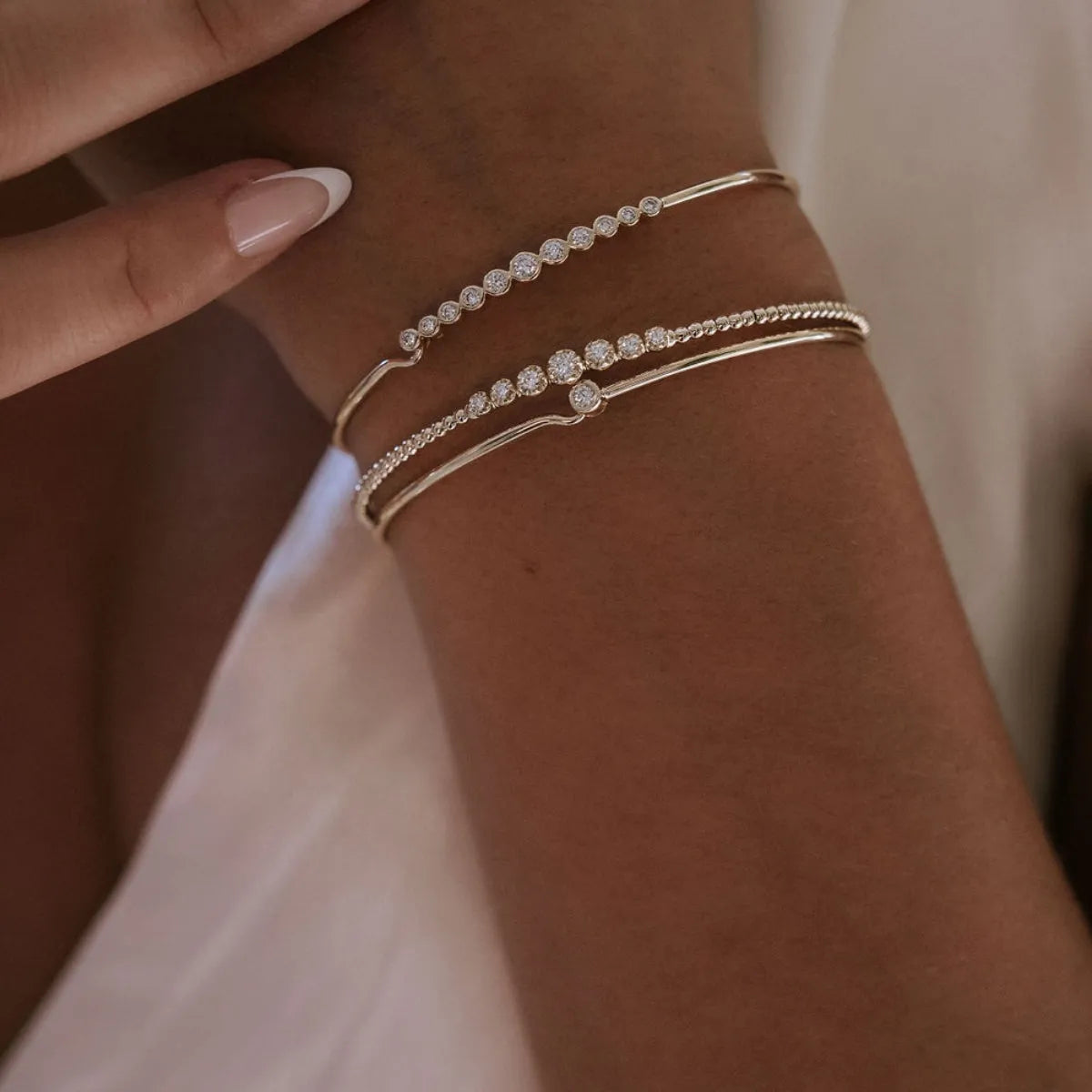 Graduated Diamonds & Gold Bead Flexible Bangle-Bracelets-Mama Bijoux