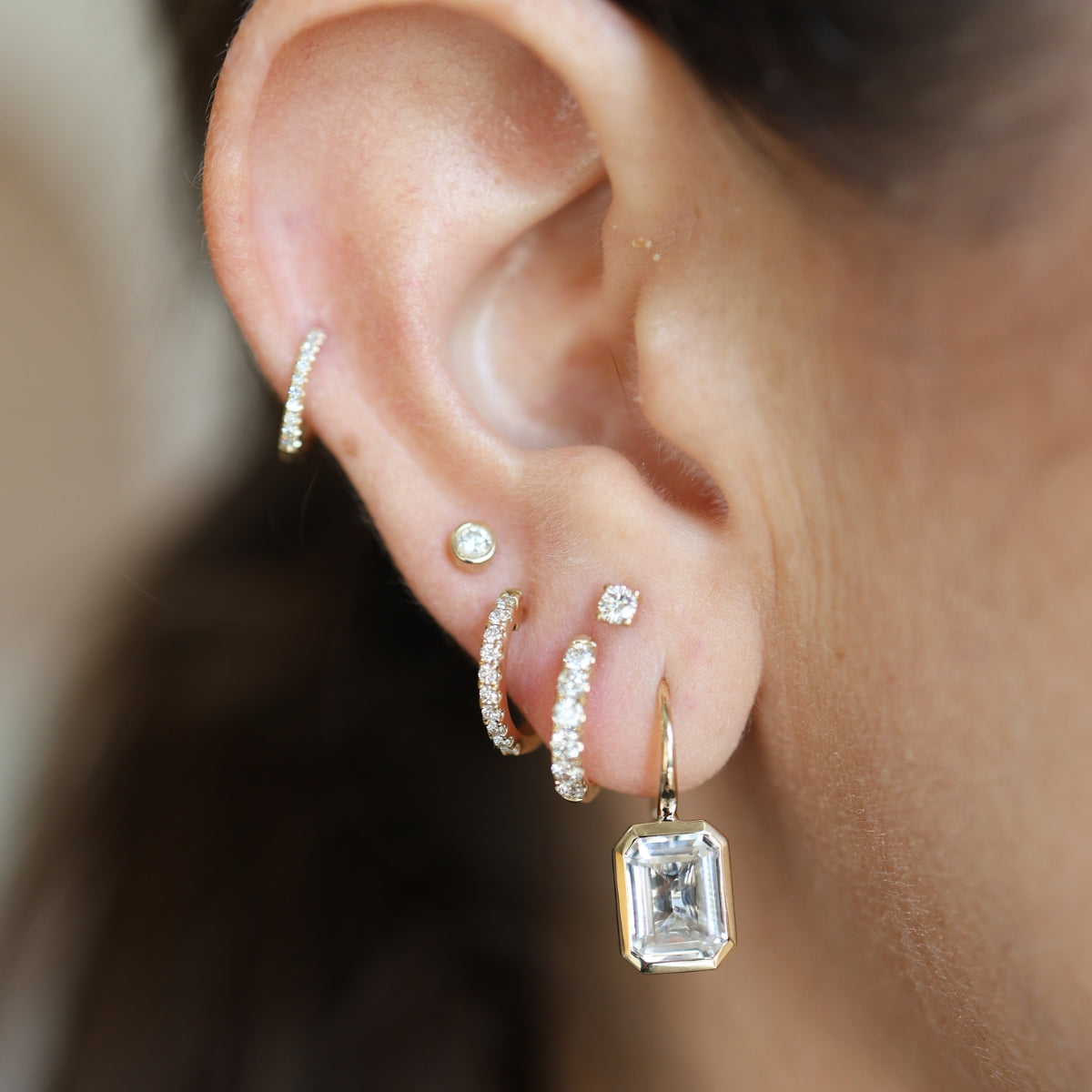 Emerald Cut Bezeled White Topaz Drop Earrings