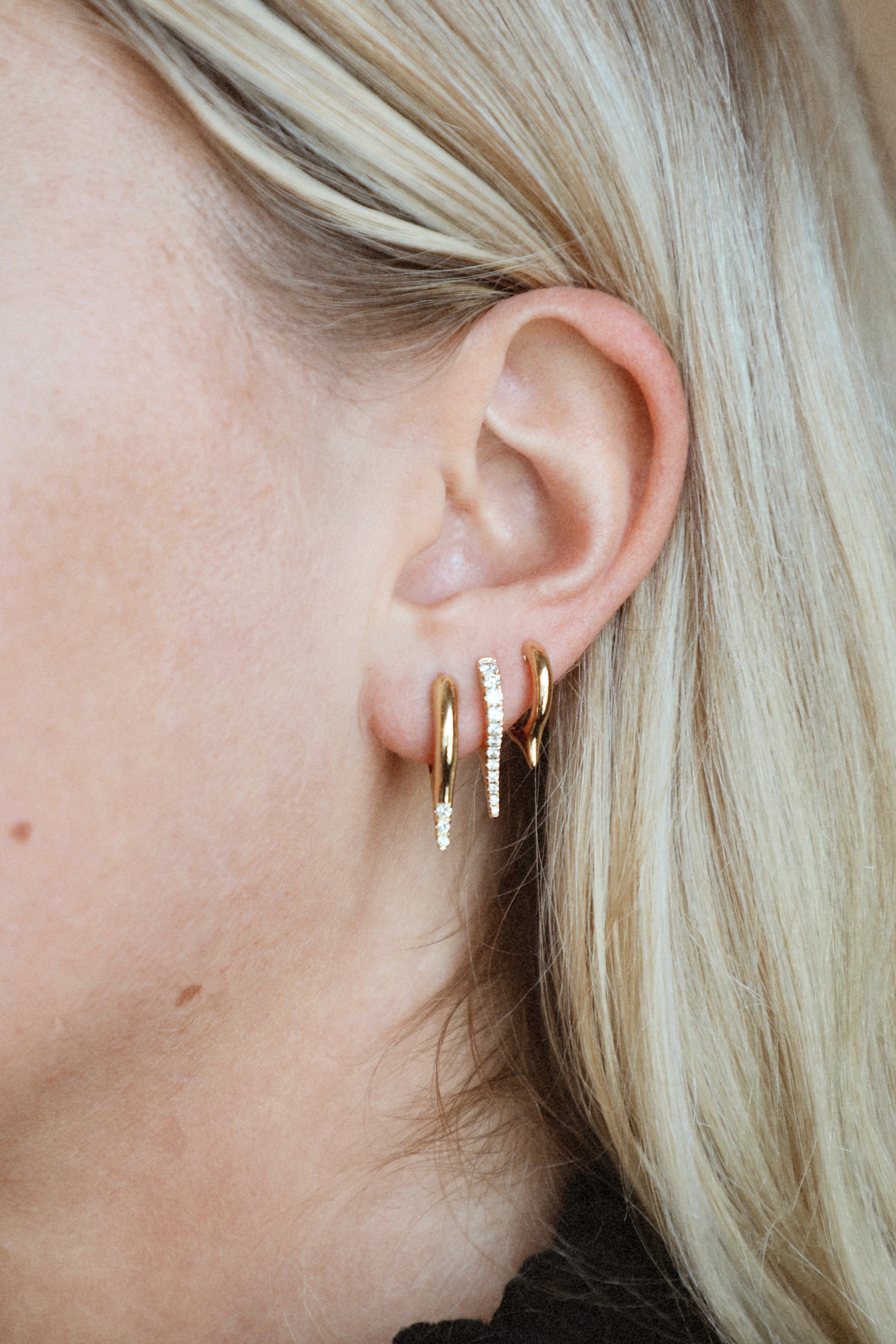 Short Dagger Gold Huggies-Earrings-Mama Bijoux-[14kgold]-[diamonds]-[heirloom_quality]-MamaBijoux