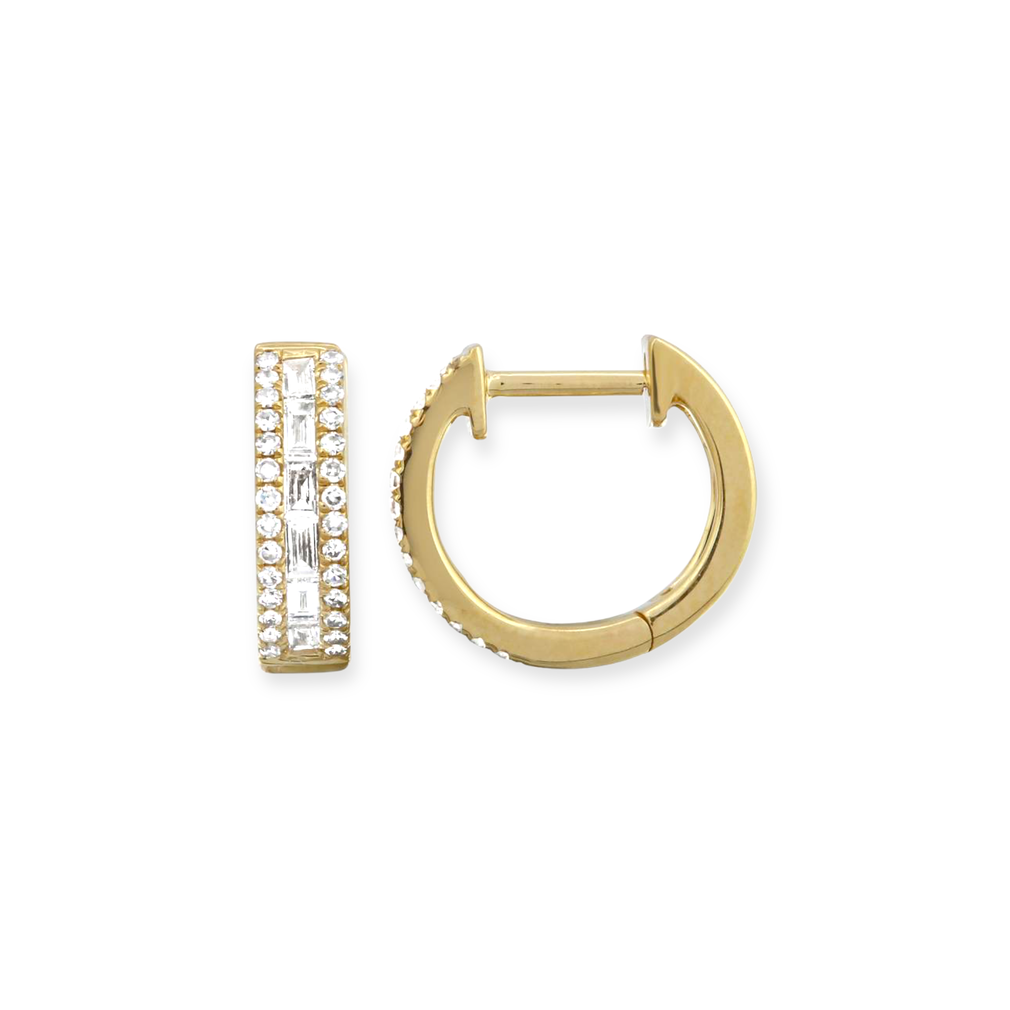 Stunner Diamond Baguette Triple Row Huggies-Earrings-Mama Bijoux-[14kgold]-[diamonds]-[heirloom_quality]-MamaBijoux