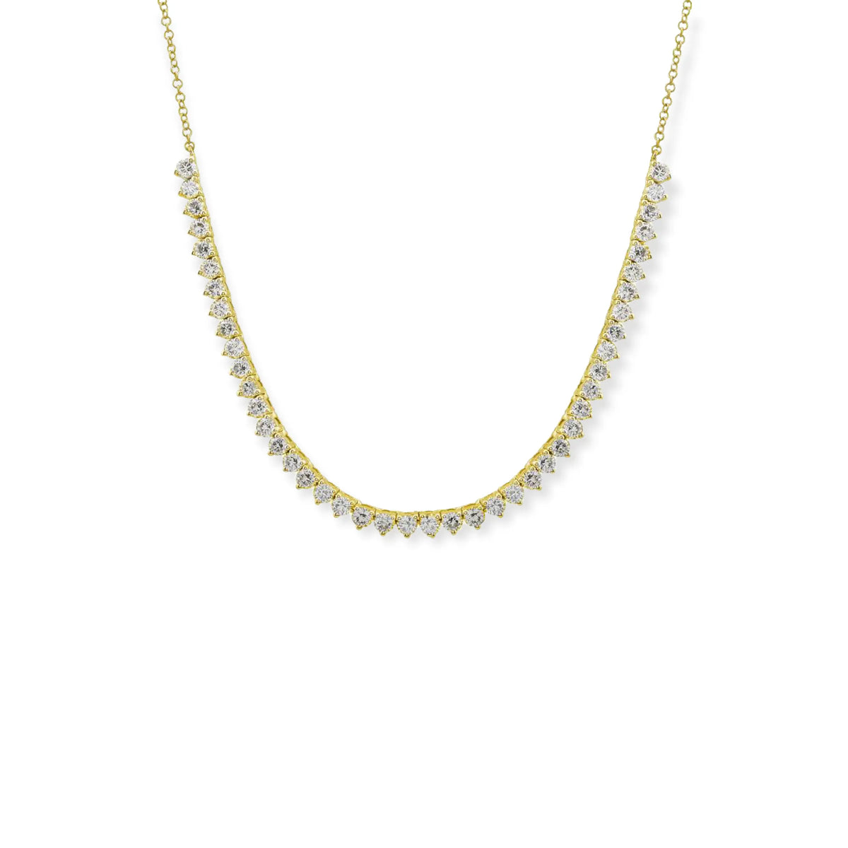 Three Prong Diamond Chain Half Tennis Necklace in 14k yellow gold, full necklace view