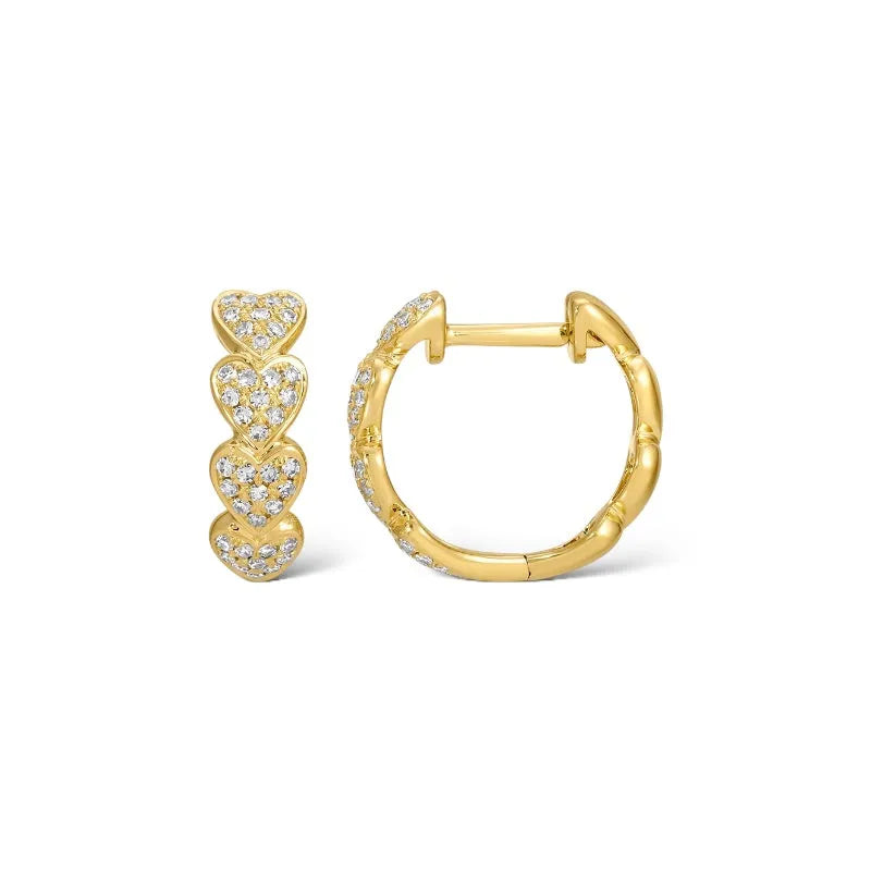 Mama Bijoux Fine Jewelry 14k Yellow Gold Pave Dimond Heart Huggies 