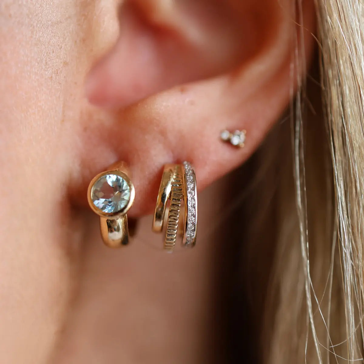 Triple Hoop Textured Gold & Diamond Stud Huggies Mama Bijoux Fine Jewelry 14k yellow gold natural diamonds