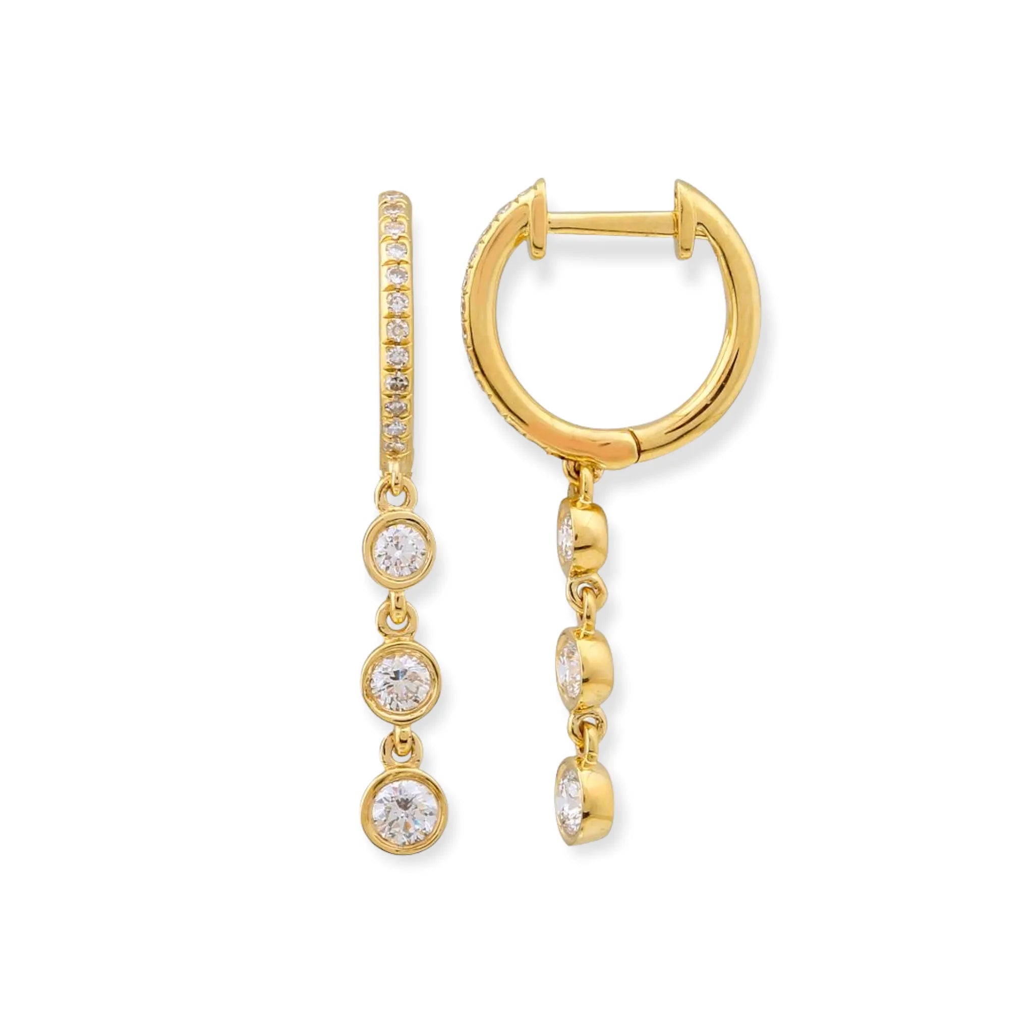 Trois Bezel Dangly Huggie Earrings-Earrings-Mama Bijoux-[14kgold]-[diamonds]-[heirloom_quality]-MamaBijoux