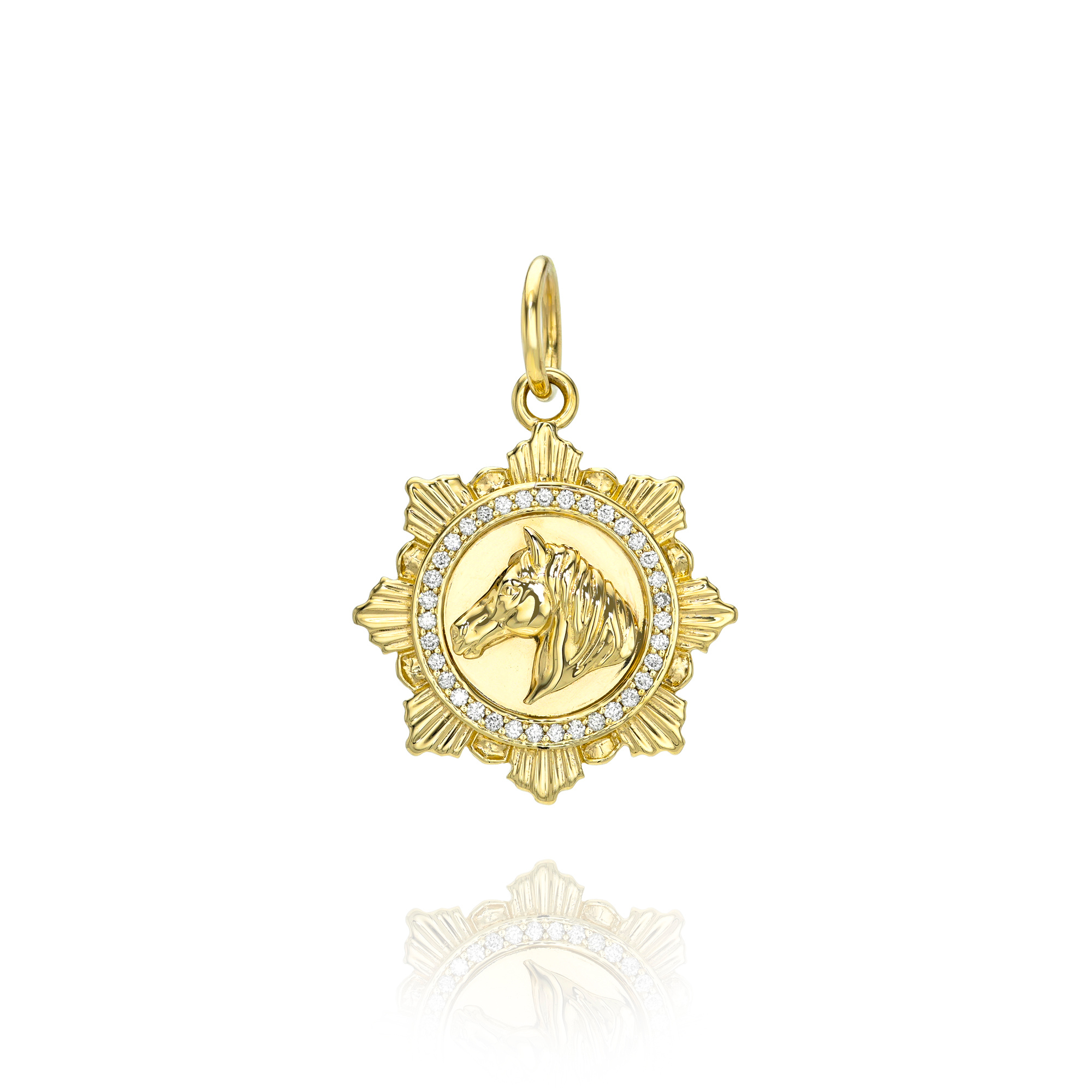 Gold pendant with a horse design on a white background
