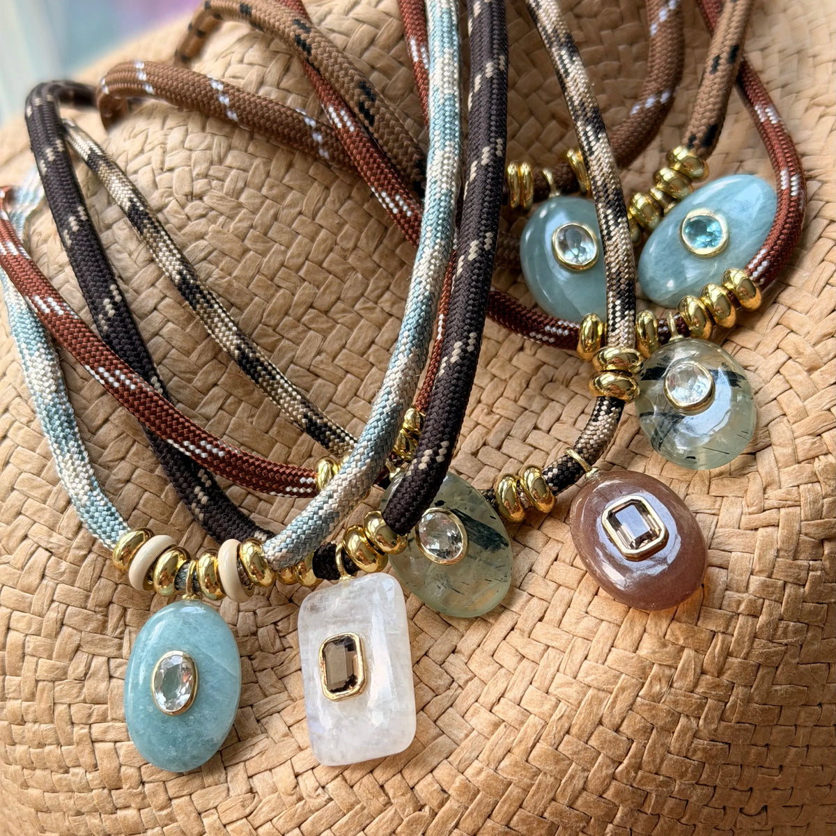 Tiger’s Eye & White Topaz Oval Knotted Rope Necklace-Necklaces-Mama Bijoux
