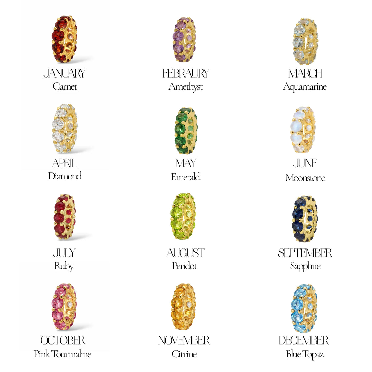 All 12 birthstone charm beads in 14k yellow gold January through December garnet amethyst aquamarine diamond emerald moonstone ruby peridot sapphire pink tourmaline citrine blue topaz Mama Bijoux Costa Mesa