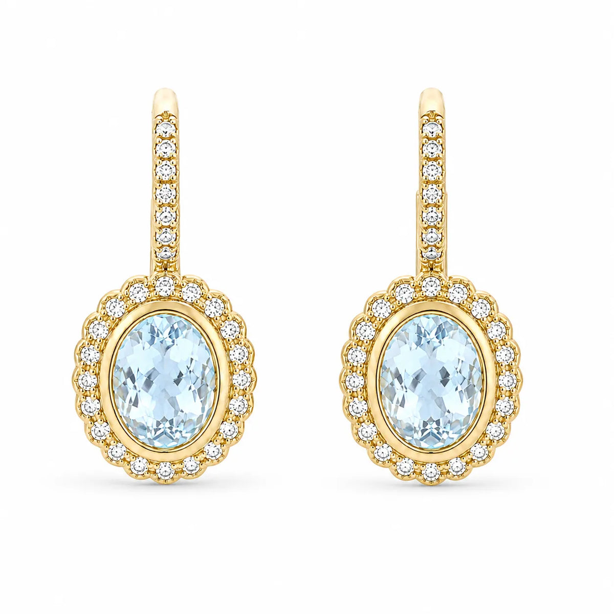 Aquamarine and natural diamond leverback drop earrings featuring emerald-cut blue aquamarine gemstones and fine diamond detailing