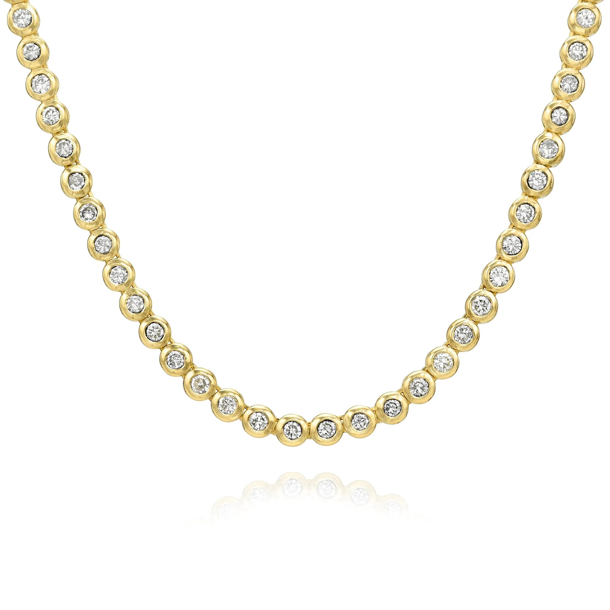 Close up of bezel set natural diamond tennis necklace 4.45ctw EF VS1 round brilliant diamonds 14k yellow gold Mama Bijoux Costa Mesa