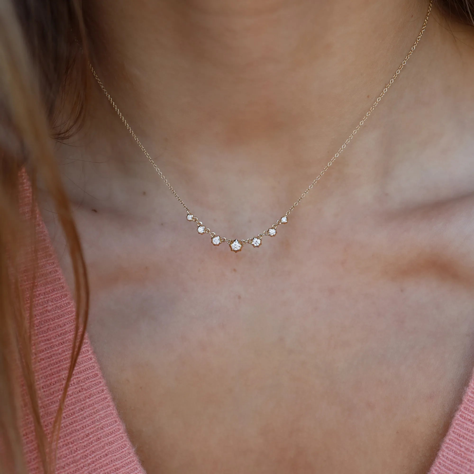 Celestial graduated diamond layering necklace 0.30ctw natural round brilliant diamonds 14k yellow gold lifestyle Mama Bijoux Costa Mesa