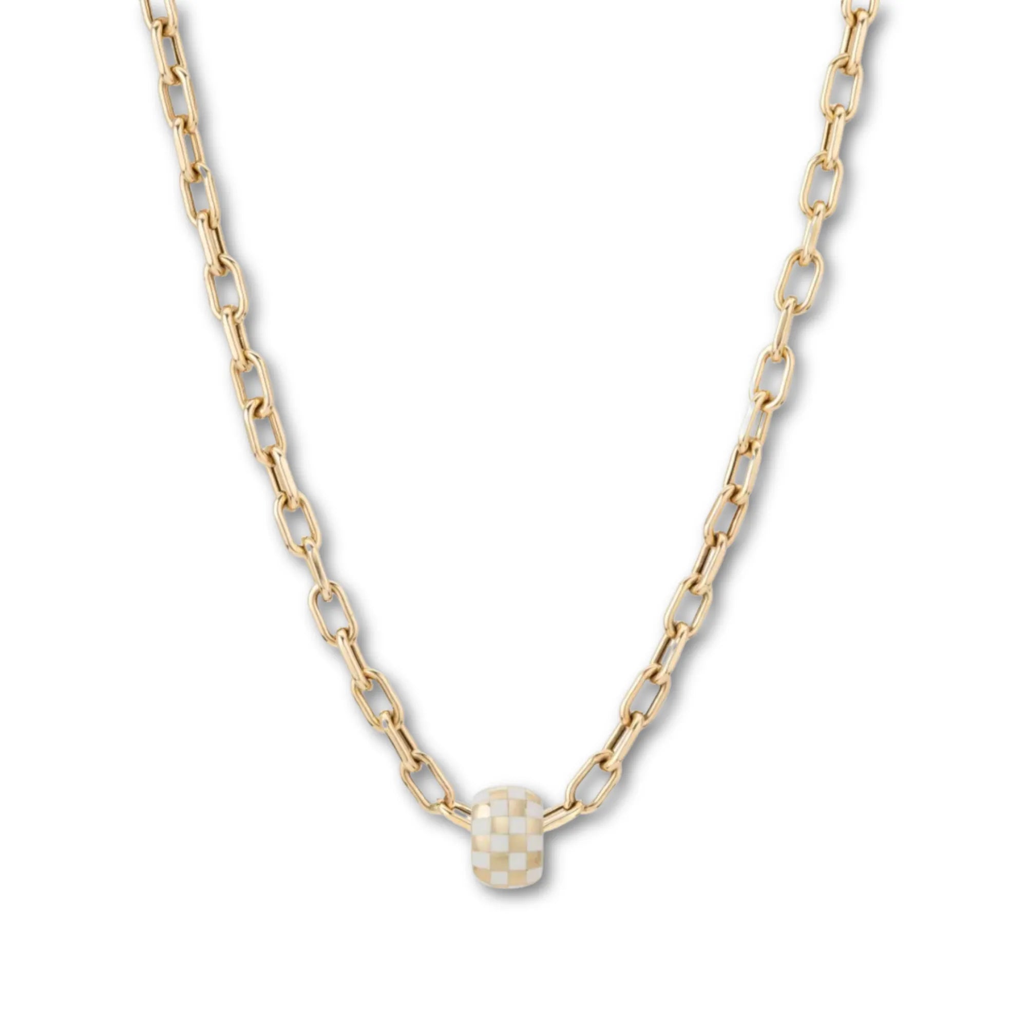 White ceramic checkerboard bead on 14k solid gold chain bold gold necklace with enamel bead for layering and everyday statement jewelry