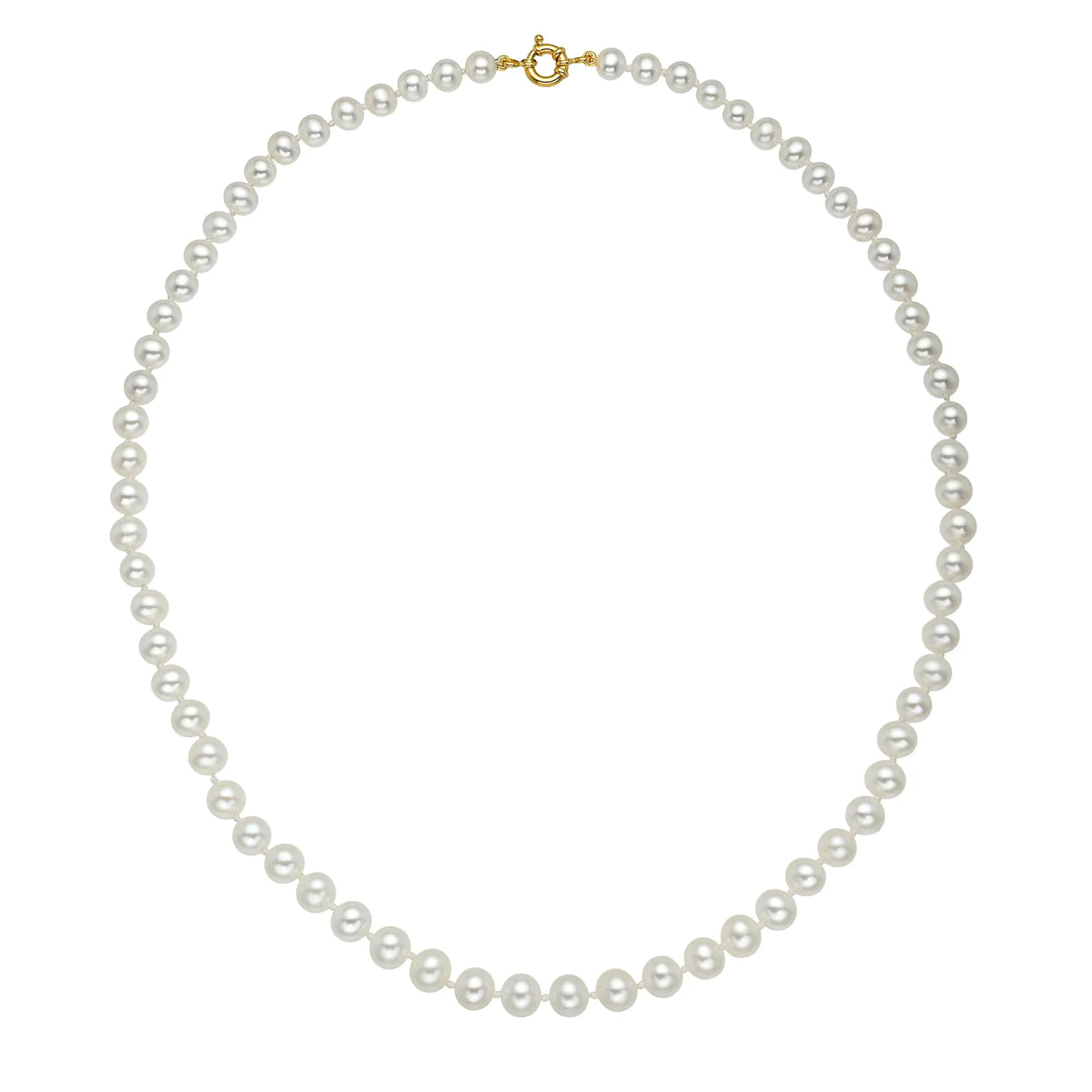 A classic pearl necklace with uniform white pearls and a small gold clasp, displayed on a clean white background.