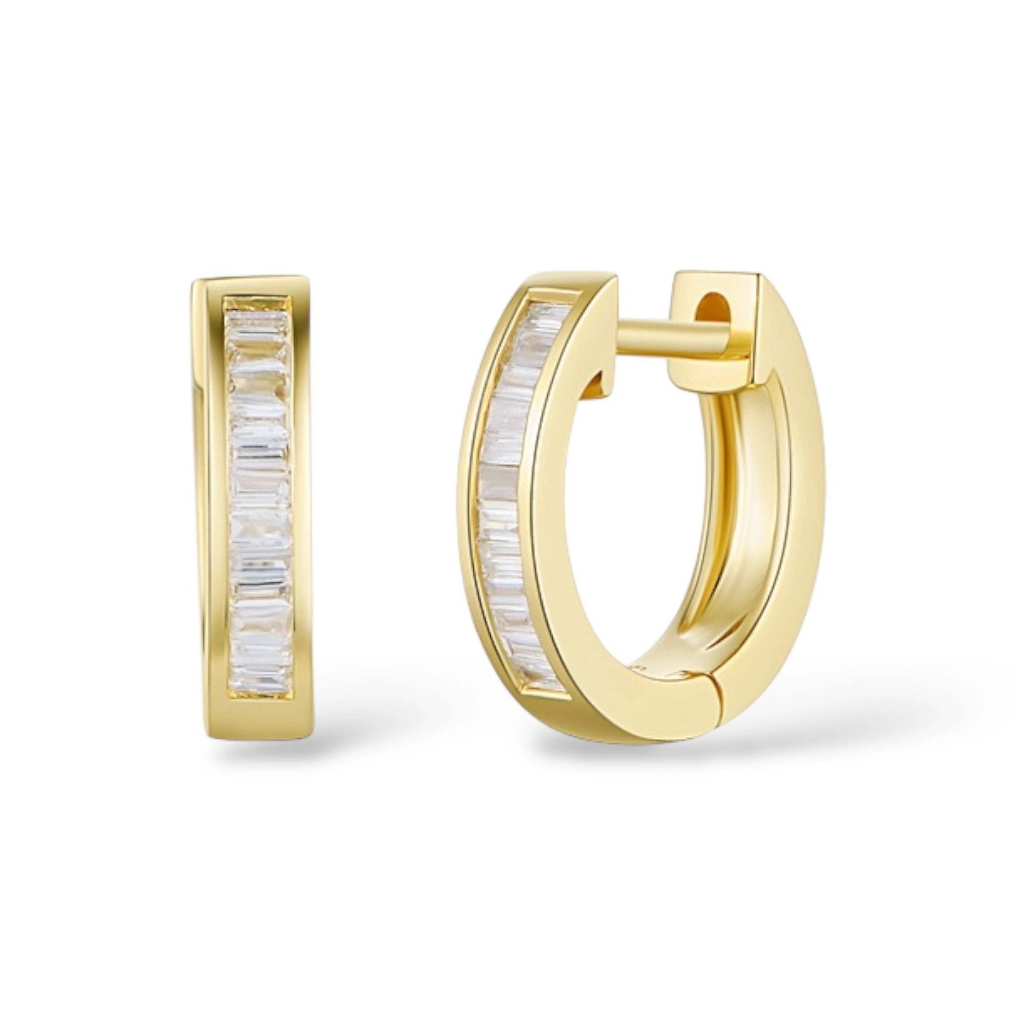 classic channel set baguette huggies 14k yellow gold natural diamonds Mama Bijoux Fine Jewelry 