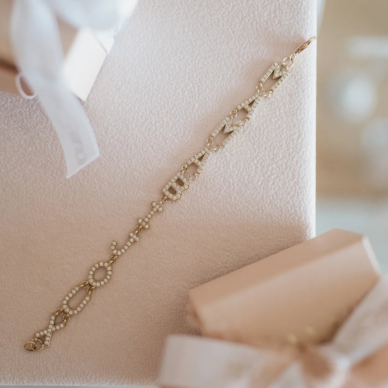 Custom pavé diamond letter name bracelet in 14k yellow gold made to order Mama Bijoux Costa Mesa