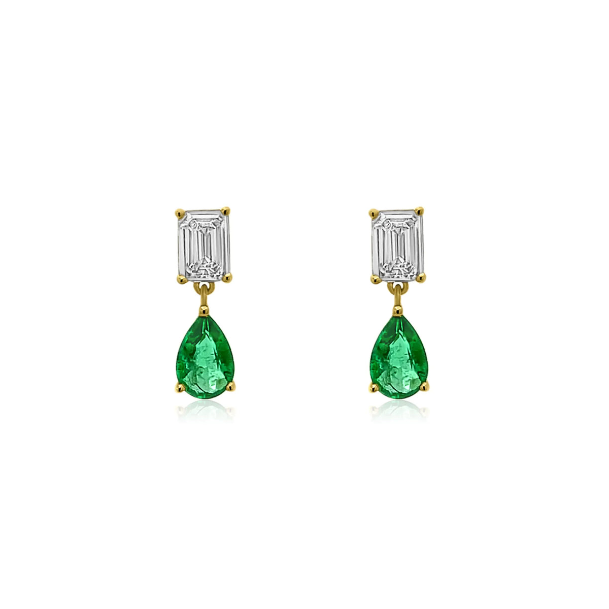 Emerald drop earrings, pear cut lab grown emerald, lab grown diamond stud earrings, gold dangle earrings, emerald jewelry, fine jewelry, Costa Mesa California, Orange County jewelry