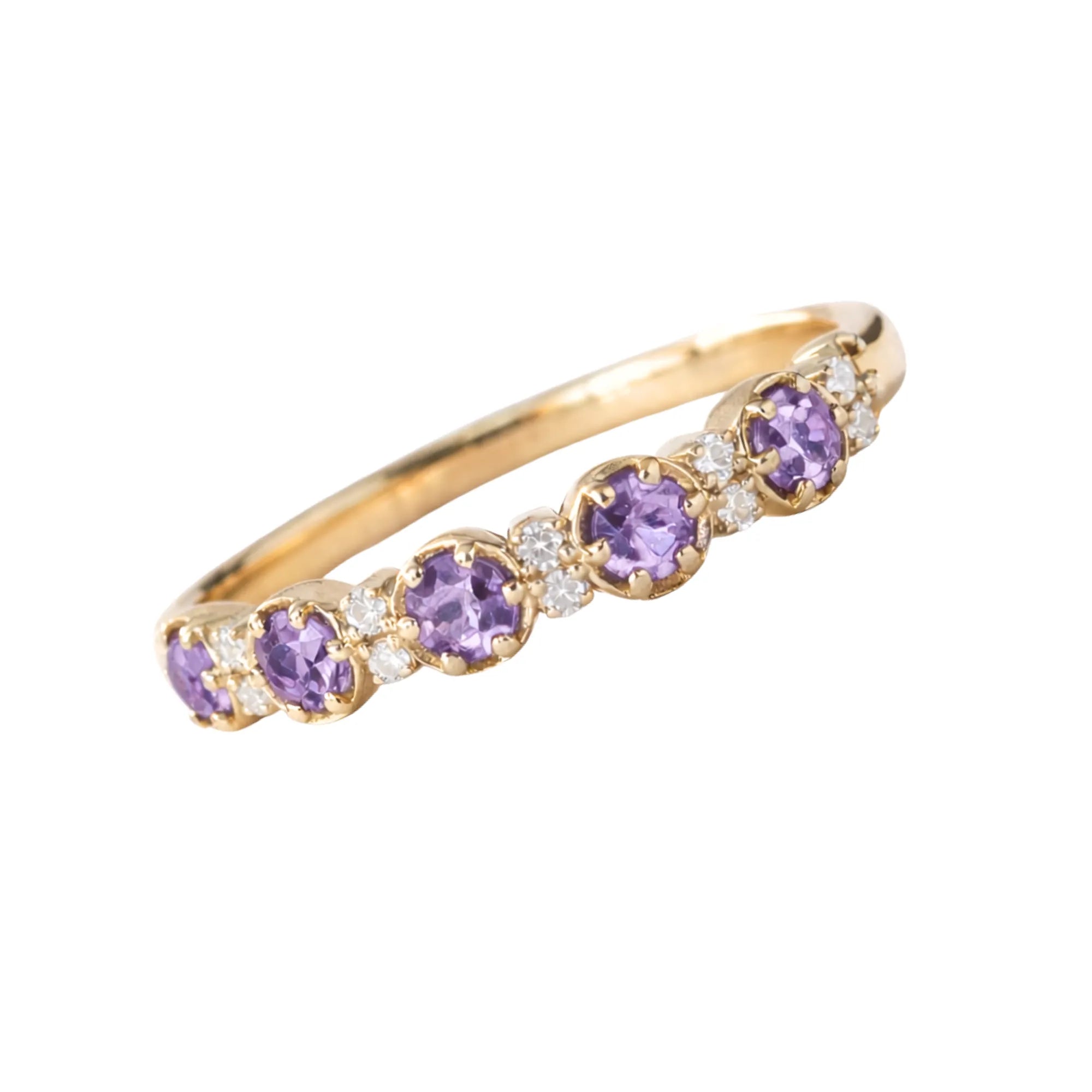 February birthstone amethyst and diamond alternating stacking pinky ring in 14k yellow gold Mama Bijoux Costa Mesa