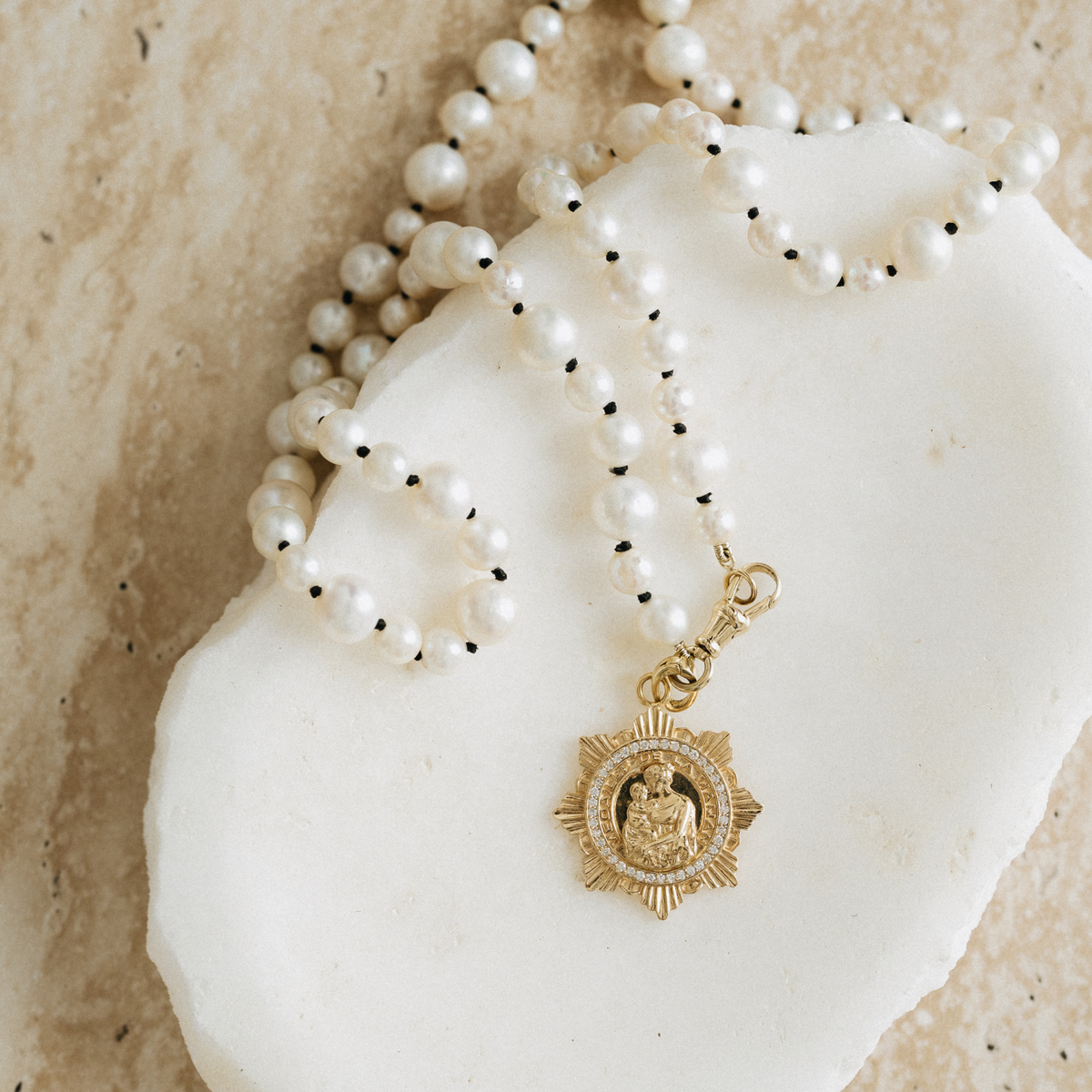 Fine jewelry under 2000 14k yellow gold natural diamond medallion charm pearl necklace layering necklace meaningful jewelry gift modern heirloom jewelry everyday fine jewelry Mama Bijoux Costa Mesa