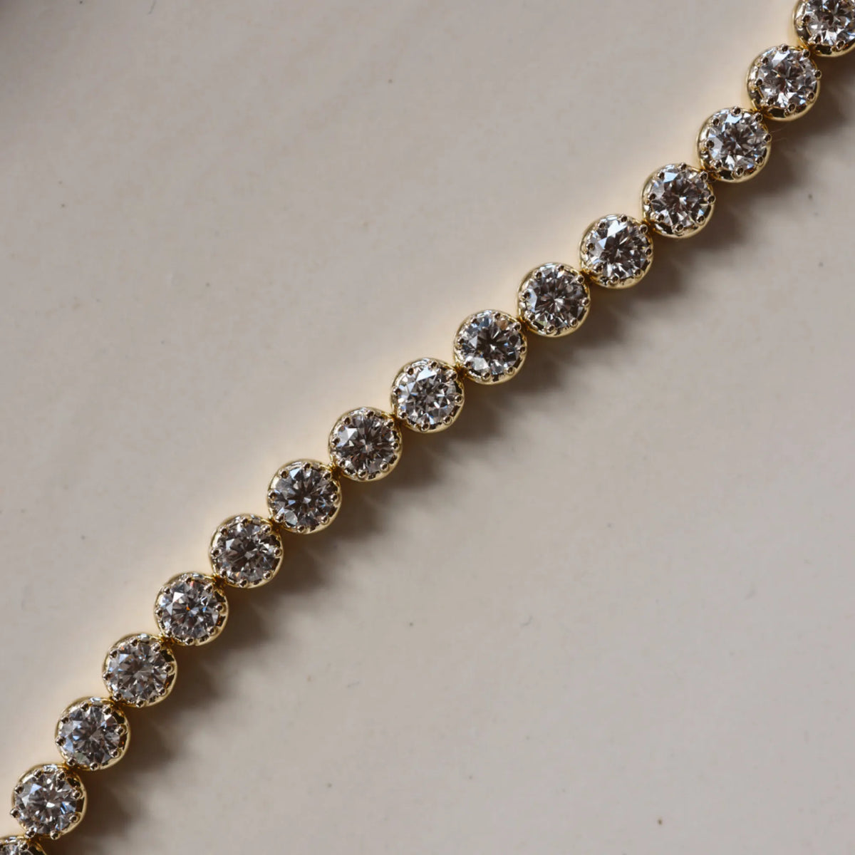 Georgian Riviere Custom Tennis Bracelet detail view Georgian set diamonds 14k solid yellow gold handmade Mama Bijoux Costa Mesa