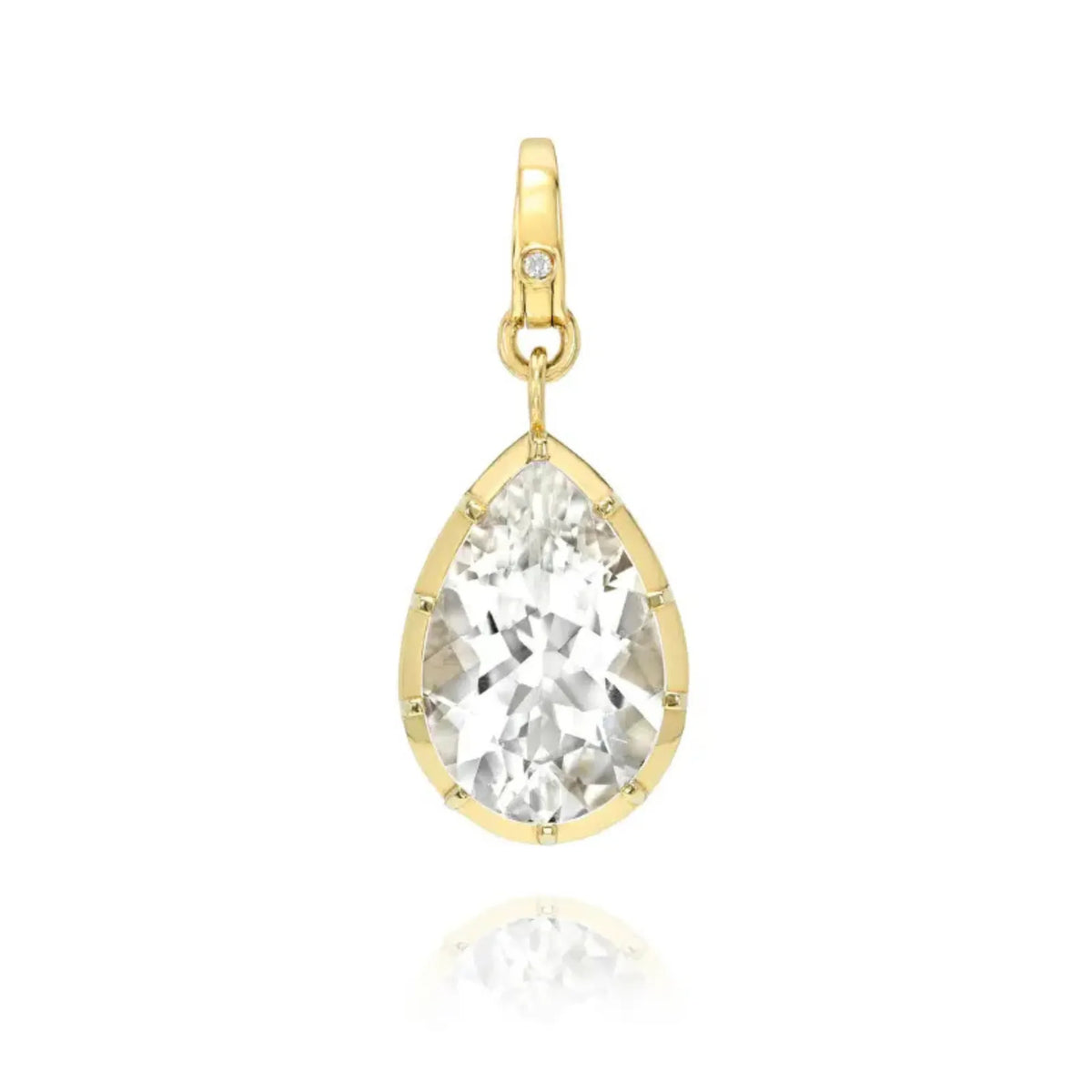 Georgian set white topaz pear cut pendant 14k solid yellow gold ball detail prong setting diamond accent enhancer bail Mama Bijoux Costa Mesa