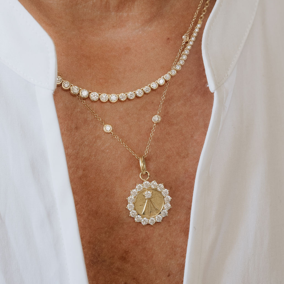 Gold charms and pendants 14k yellow gold natural diamonds engravable warrior goddess charm diamond halo pendant layering necklace dainty necklace meaningful jewelry gift everyday fine jewelry Mama Bijoux Costa Mesa