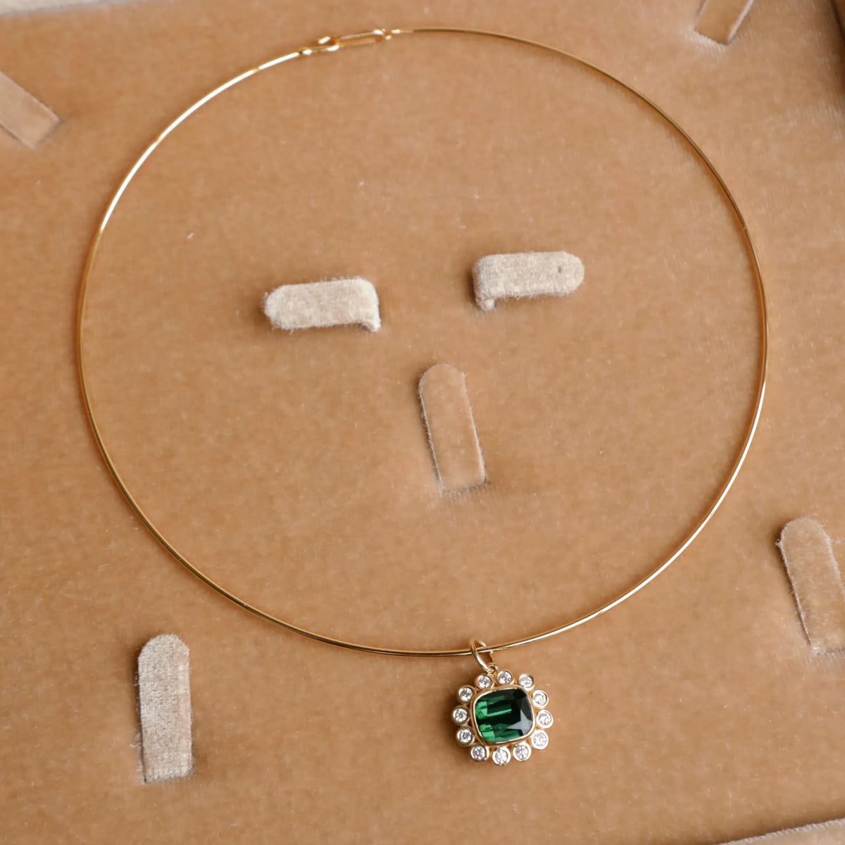 Green tourmaline pendant, diamond halo necklace, gold wire choker, fine jewelry packaging, Costa Mesa jewelry