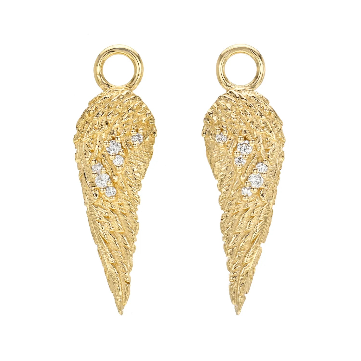Guardian angel wing charms 14k yellow gold pave set natural diamonds sculpted feather detailing personalized meaningful jewelry gift for new moms anniversary jewelry everyday fine jewelry Mama Bijoux Costa Mesa