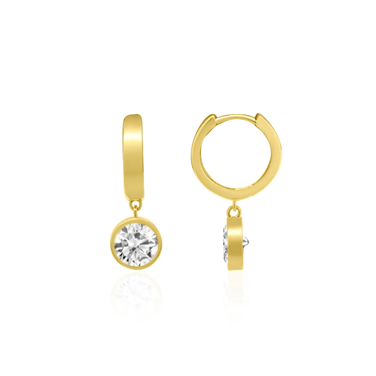 Bezeled lab diamond dangle huggie earrings, gold huggies, lab grown diamond, fine jewelry, gold hoop earrings, Costa Mesa California, Orange County jewelry