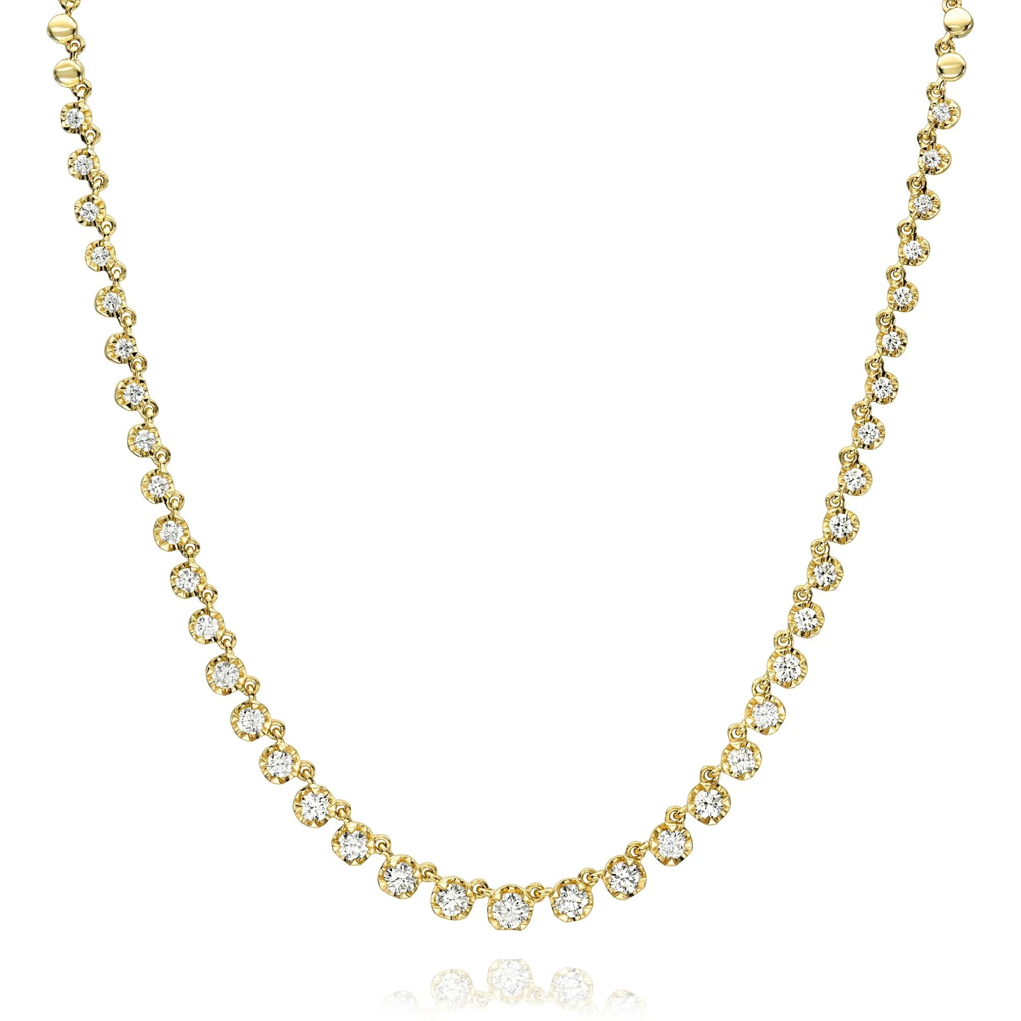 Illusion graduated diamond tennis necklace 1.41ctw natural round diamonds with gold bead links 14k yellow gold Mama Bijoux Costa Mesa