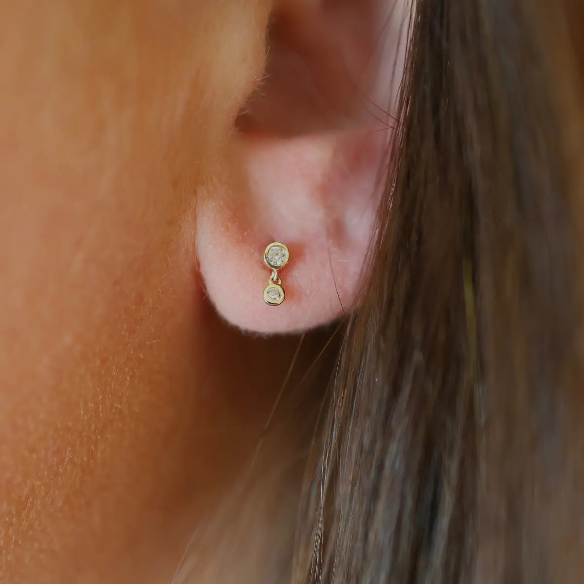 itty bitty bezeled diamond drop stud earrings 14k yellow gold natural diamond mama bijoux
