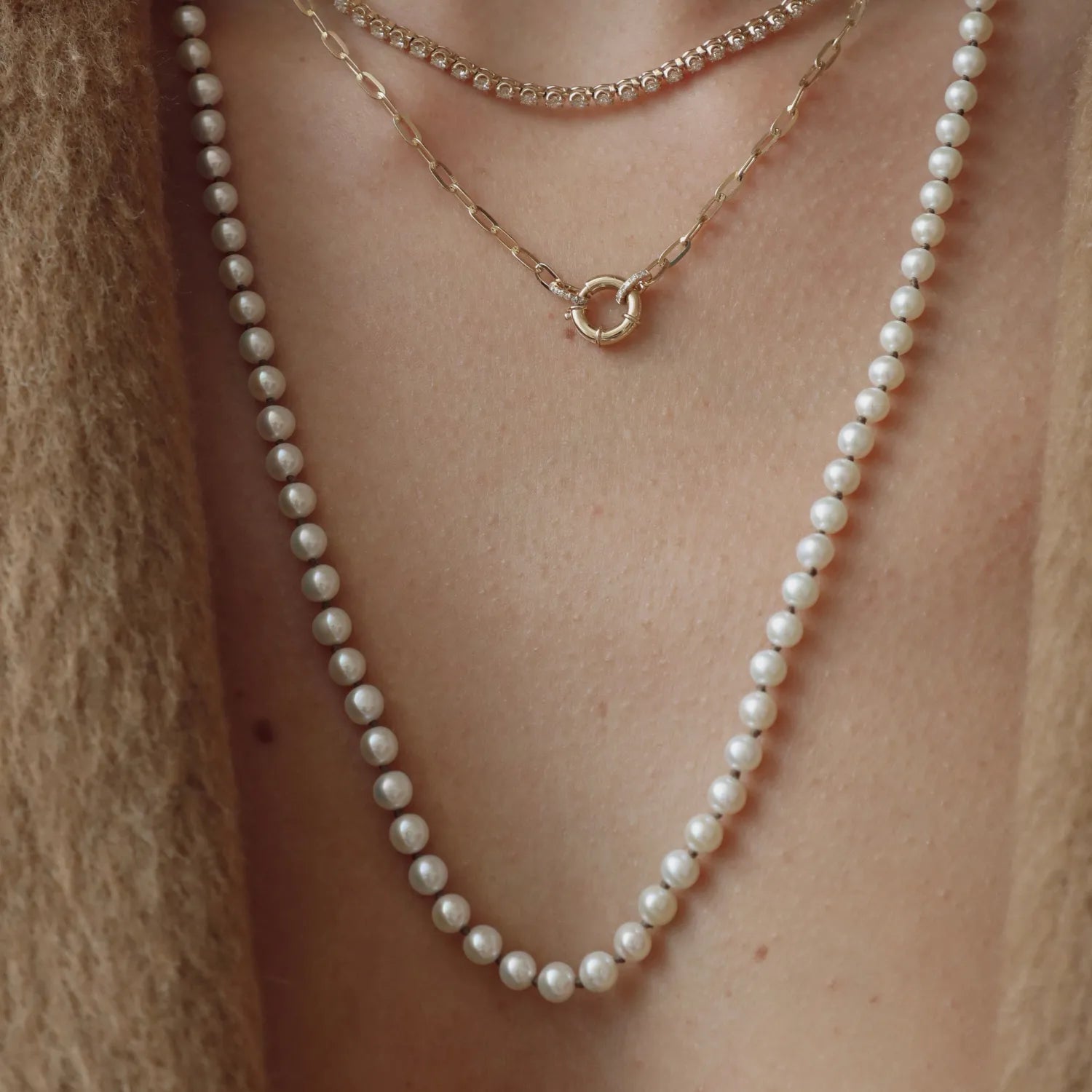 Mini Knotted Pearl Necklace Chocolate Brown Thread (24")-Necklaces-Mama Bijoux