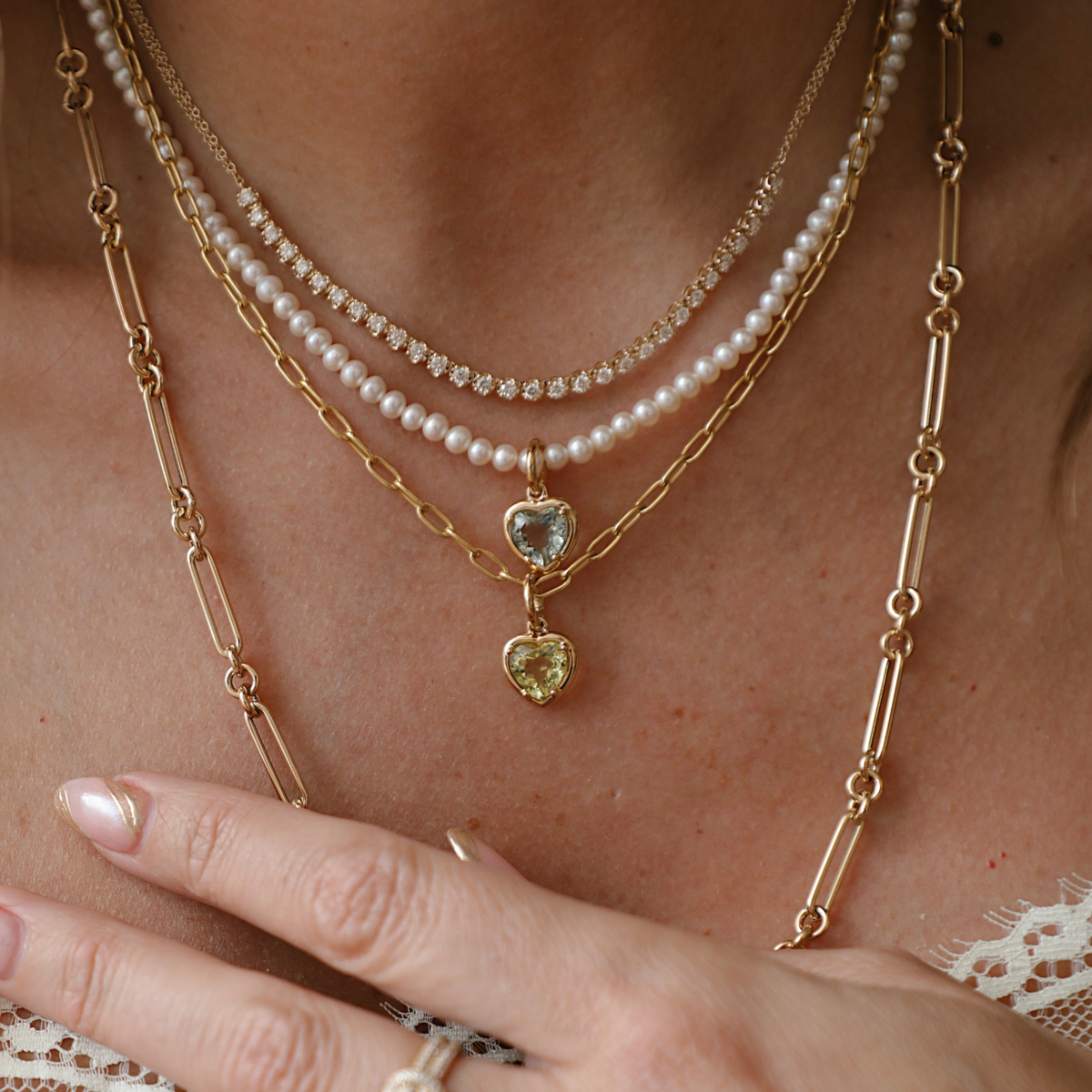 Layering necklaces 14k yellow gold dainty diamond necklace pearl necklace paperclip chain gemstone heart charm layered necklace stack everyday fine jewelry meaningful jewelry gift Mama Bijoux Costa Mesa