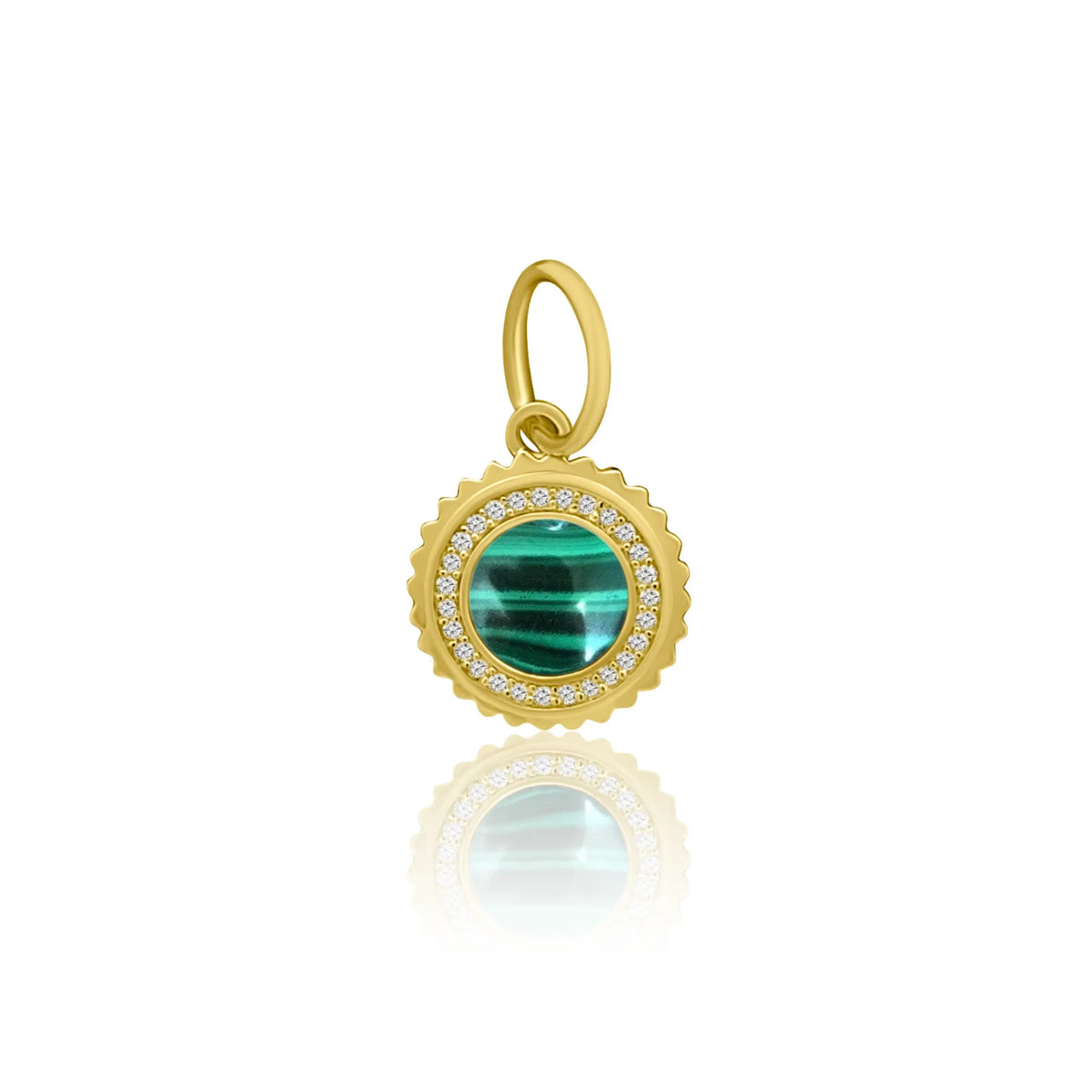 Malachite medallion charm, gold diamond pendant charm, natural malachite, natural diamond, fine jewelry, charm necklace, Costa Mesa California, Orange County jewelry